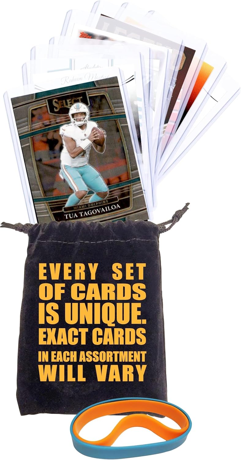 Miami Dolphins Cards: Tua Tagovailoa, De'Von Achane, Tyreek Hill, Jaylen Waddle, Dan Marino, Mark Duper, Chop Robinson, Malik Washington, Darren Waller Assorted Football Stars & GOATs Trading Card & Wristbands Gift Pack