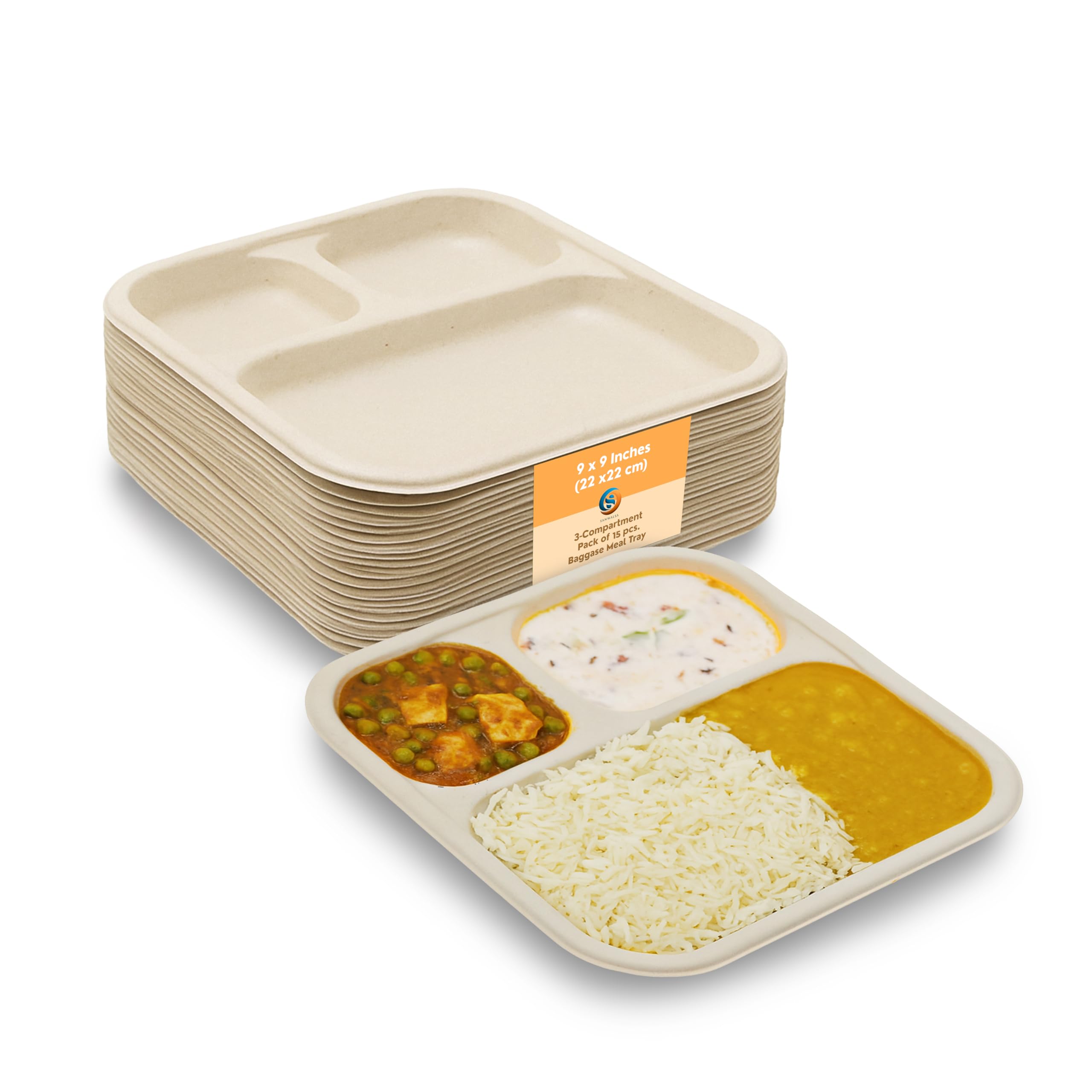 SANWALSA [3-Compartment, 15 Count, Beige Disposable Bagasse Plates | Eco-Friendly Sugarcane Meal Tray for Wedding, Party, Picnic, Event | Mess-Free Sections
