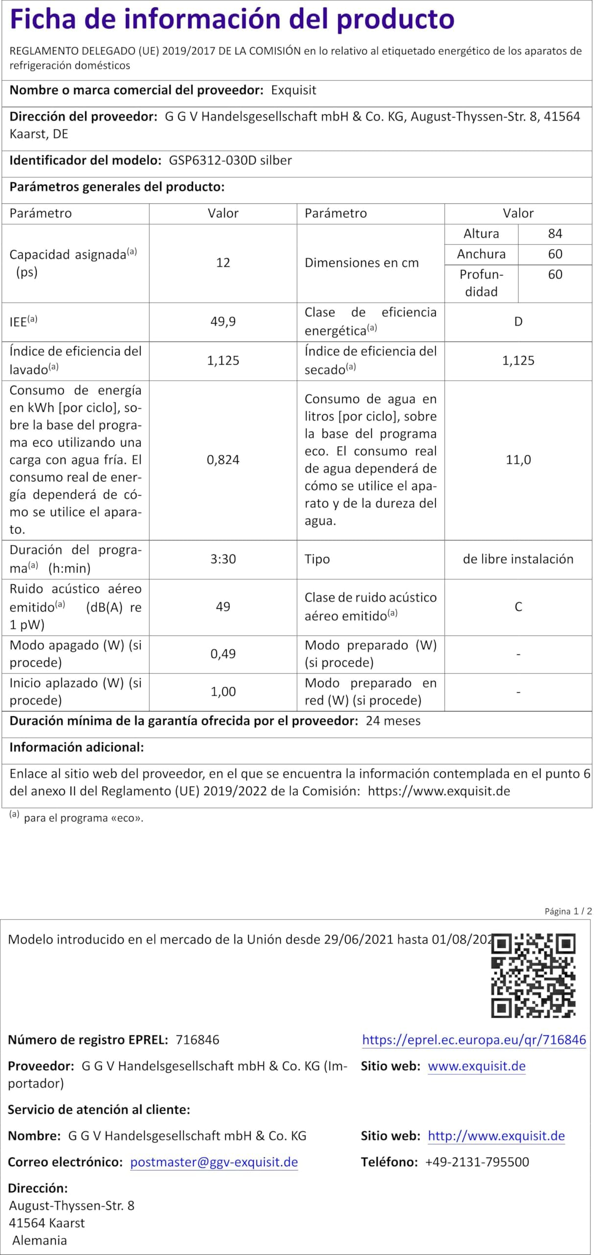 Exquisit® Lavavajillas 60Cm, Clase D, Color Plateado, 12 Servicios, 6 Programas, Inicio Diferido 24H, Indicador Falta Sal y Abrillantador, Consumo 82 kWh/100ciclos, Medidas 84,5x59,8x60 Cm.
