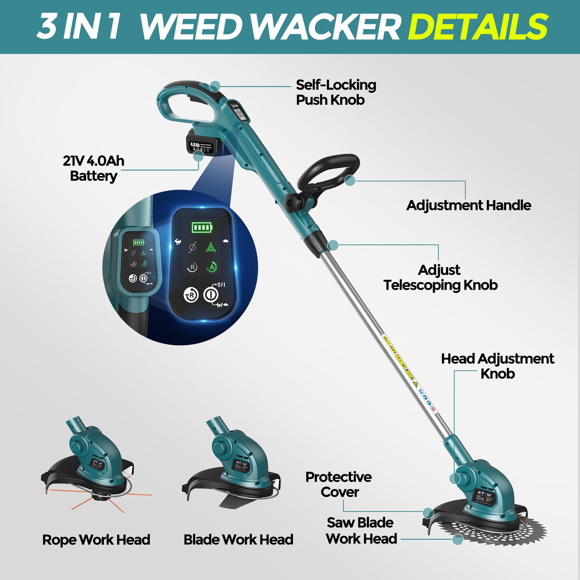 KTYU Weed Wacker,2X 21V 4.0AH Weed Eater Battery Powered with Power Display,2-Speed Control, 3 Types Blades,3 in 1 Grass Cutter for Garden and Yard(2X Batteries & Charger Included)