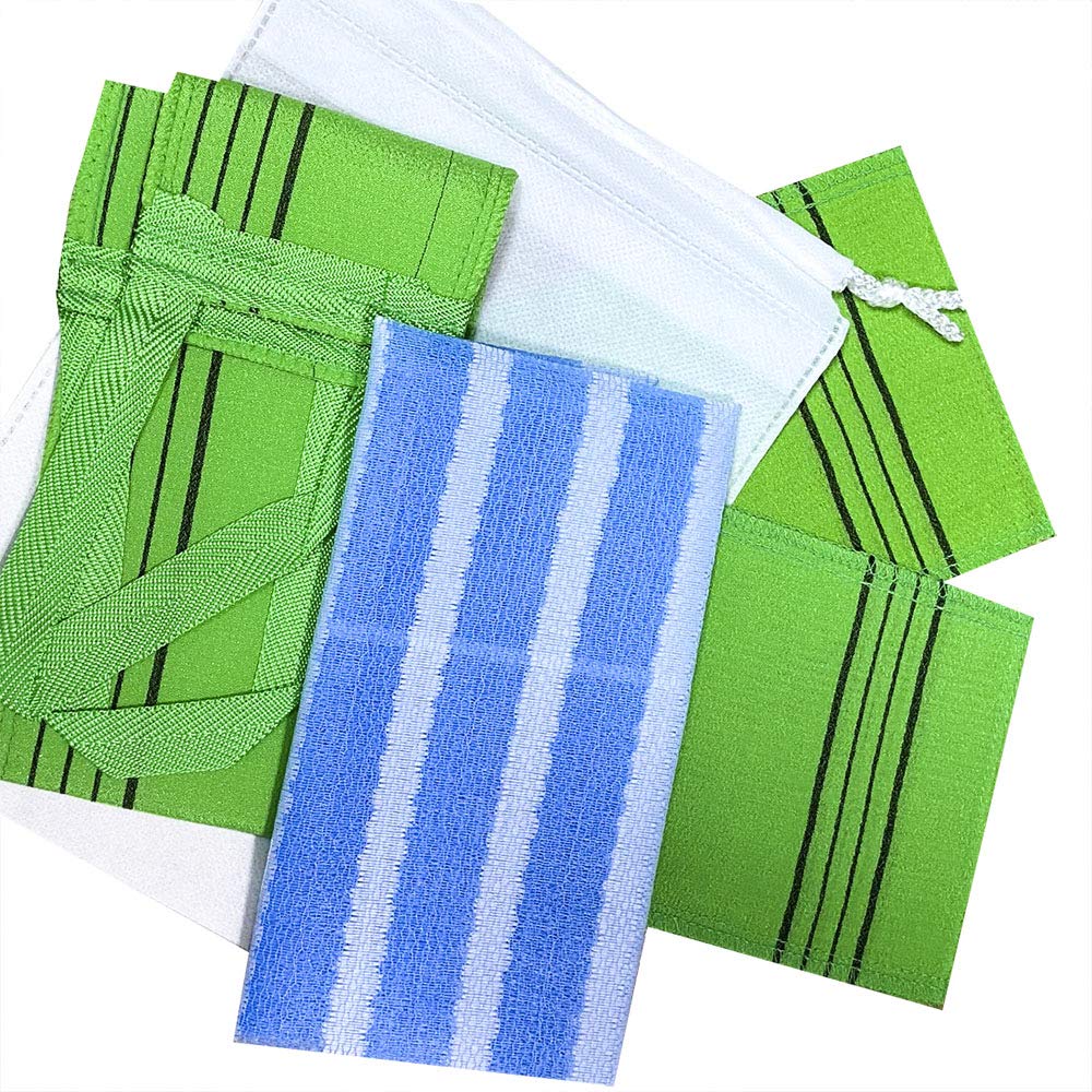 Original 5 Pcs Set Korean Japanese Style Exfoliating Long Back Scrubber, 2 Rough and Effective Body Scrub Gloves, Odor Free Gentle Shower Cloth and Non-woven Fabric Pouch (All Made in Korea)