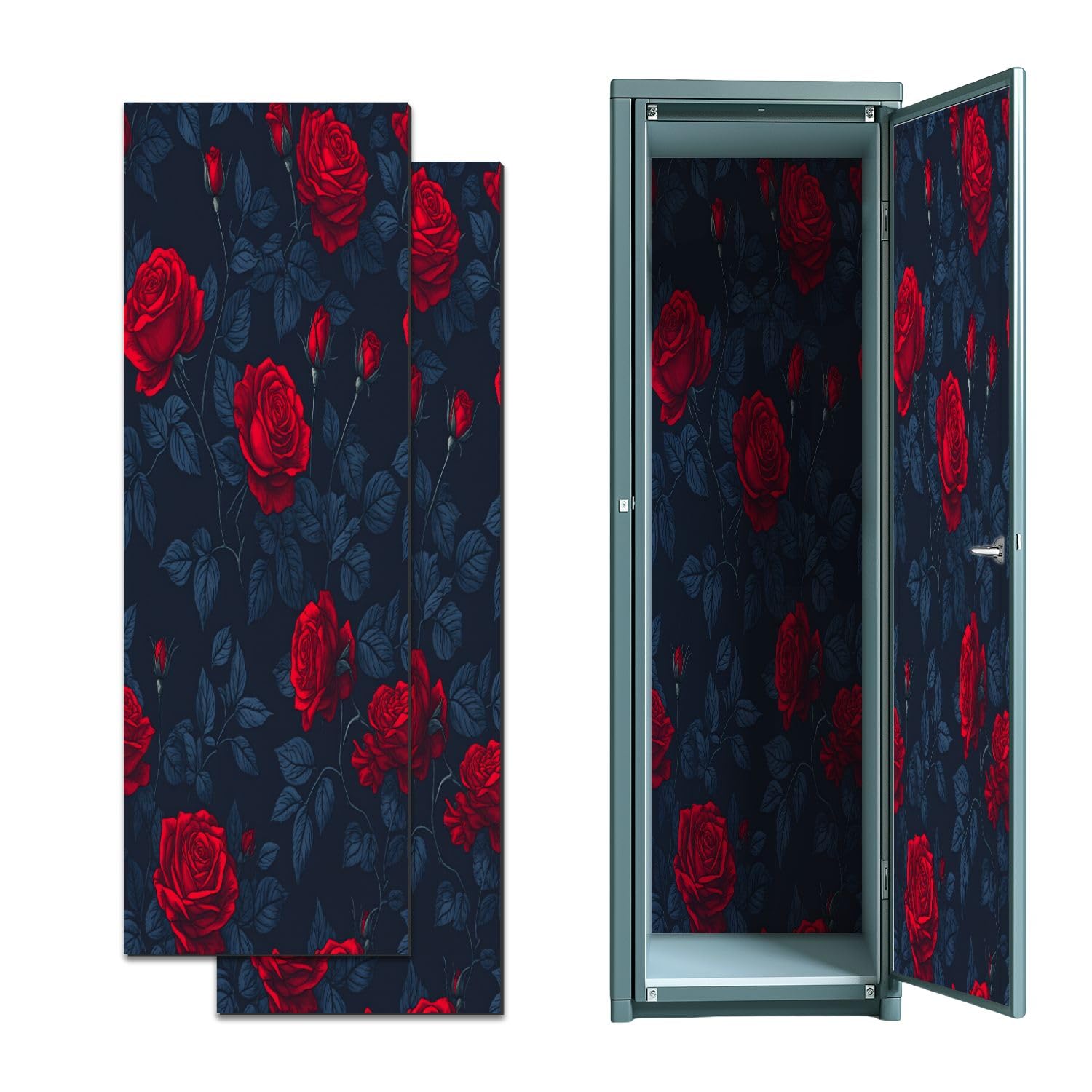 2 Pcs Locker Magnetic Wallpaper Elegant Red Roses Floral Dark Blue 12" x 36" Wall Magnetic Sticker Removable Locker Accessories Decor Easy Install for Office School