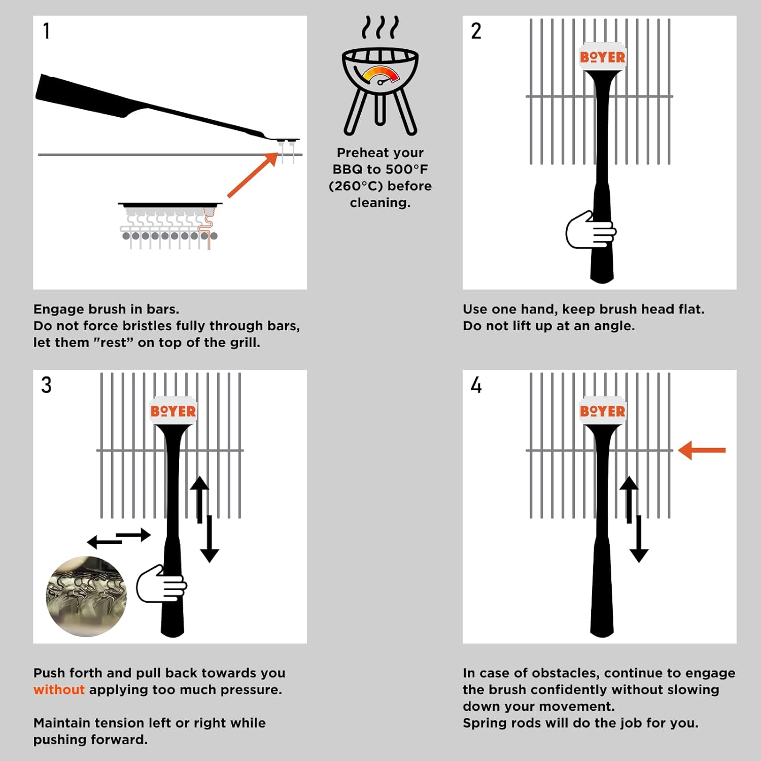 Boyer Brush Mini - 最も安全なグリルブラシ、ワイヤーブラシフリー、オールメタル構造、冷間圧延スチールボディ、ステン