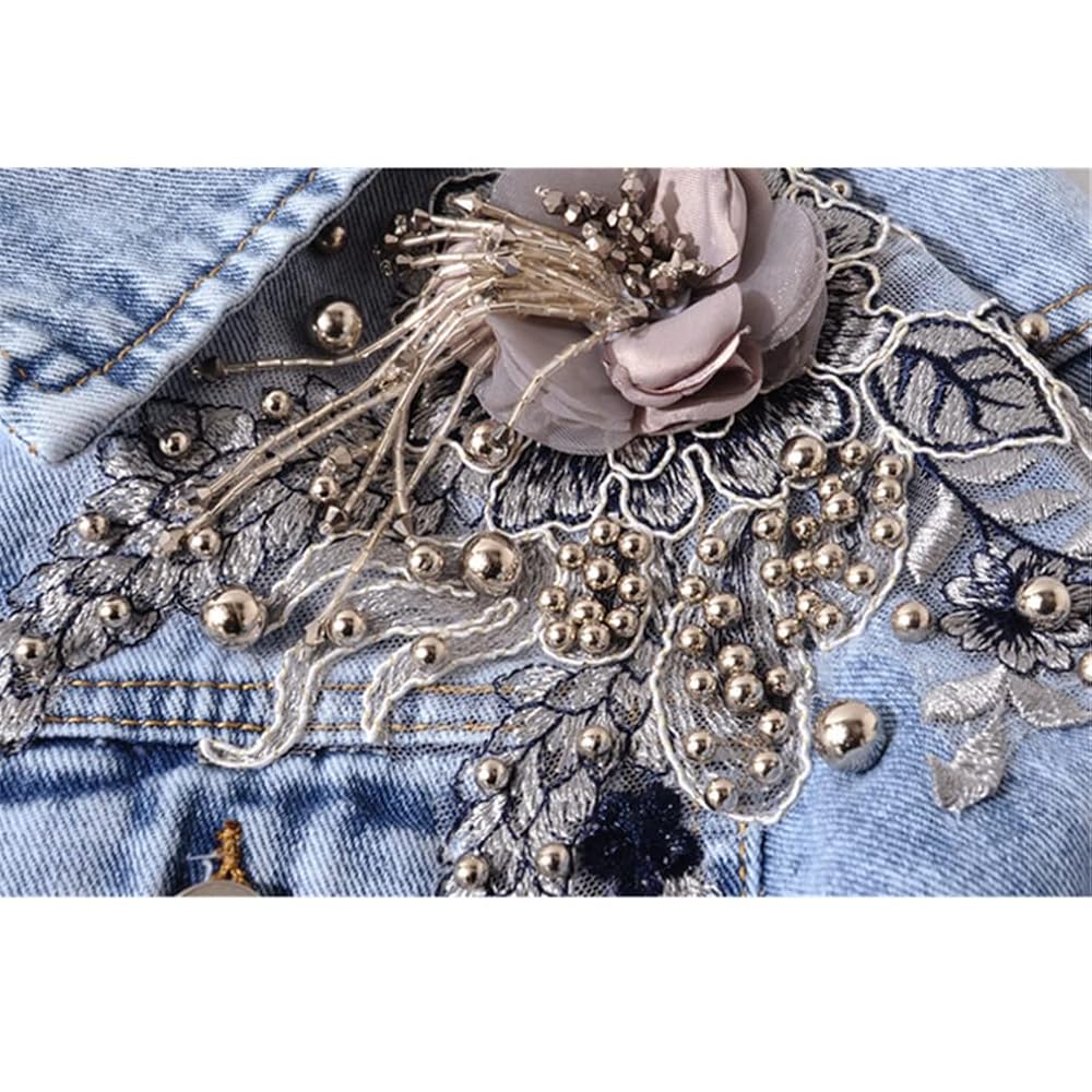 HWYDM Spring Autumn Beading Flowers Denim Jacket Women Short
