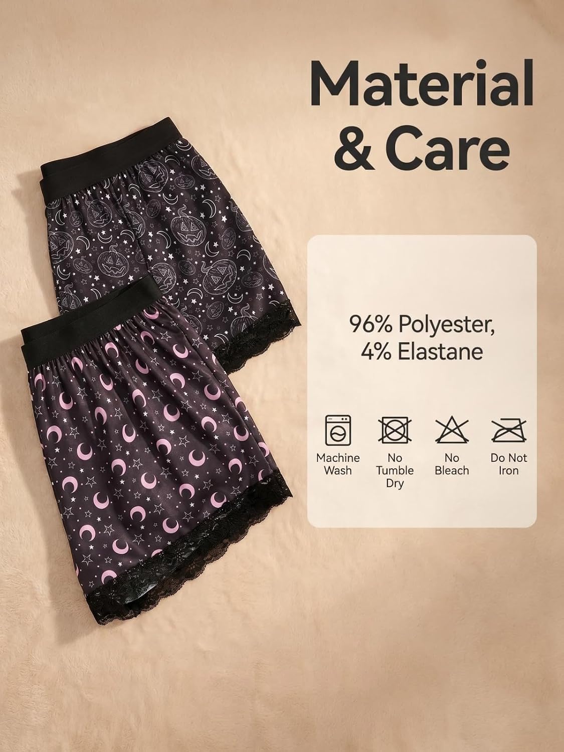 Morvia Women's Pajama Shorts 2 Pack, Skull and Moon Cartoon Print, Lace Trim, Soft Stretchy Loungewear Bottoms, S-XXL