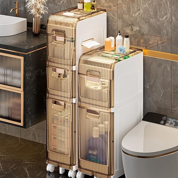 Generisch İnce, düz banyo dolabı, şeffaf çekmeceli ve tekerlekli, küçük odalar için bağımsız, yerden tasarruf sağlayan raf, yüksek zemin düzenleyici