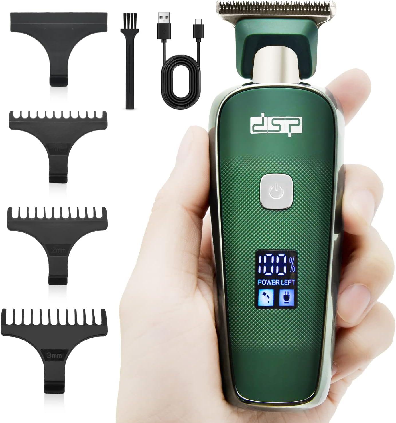 DSP® Mini Hair Trimmer for Men Electric Balding Clippers Zero Gapped Mustache Trimmer with 1-3mm Limit Combs, USB Type-C (Green)