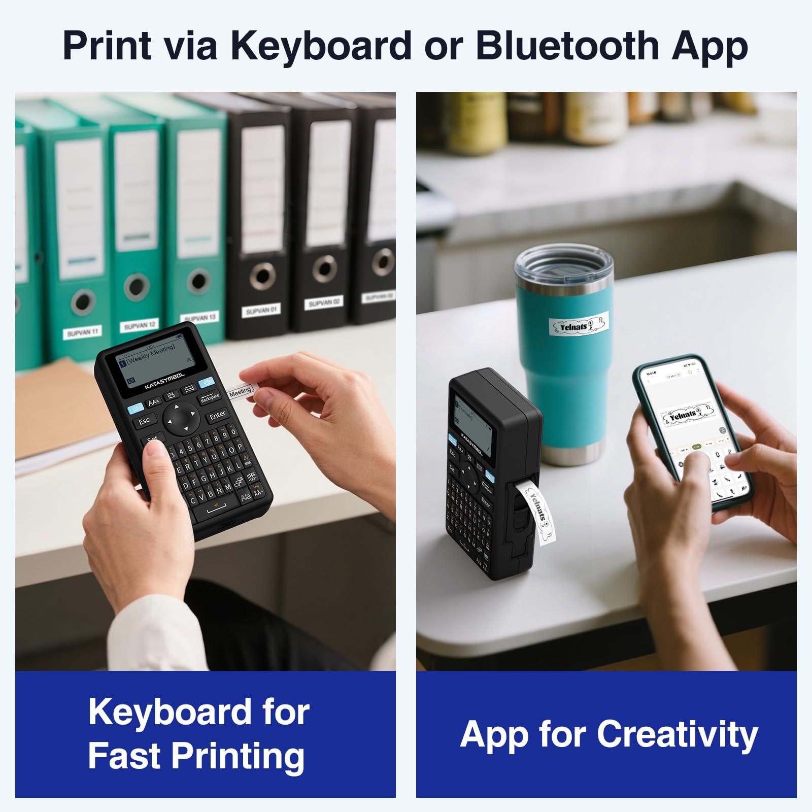 SUPVAN E11 Label Printer, English Layout (QWERTY) Keyboard, with 2 Rolls Continuous Labels + 2 Rolls Fixed-Size Labels, Suitable for School, Office & Home