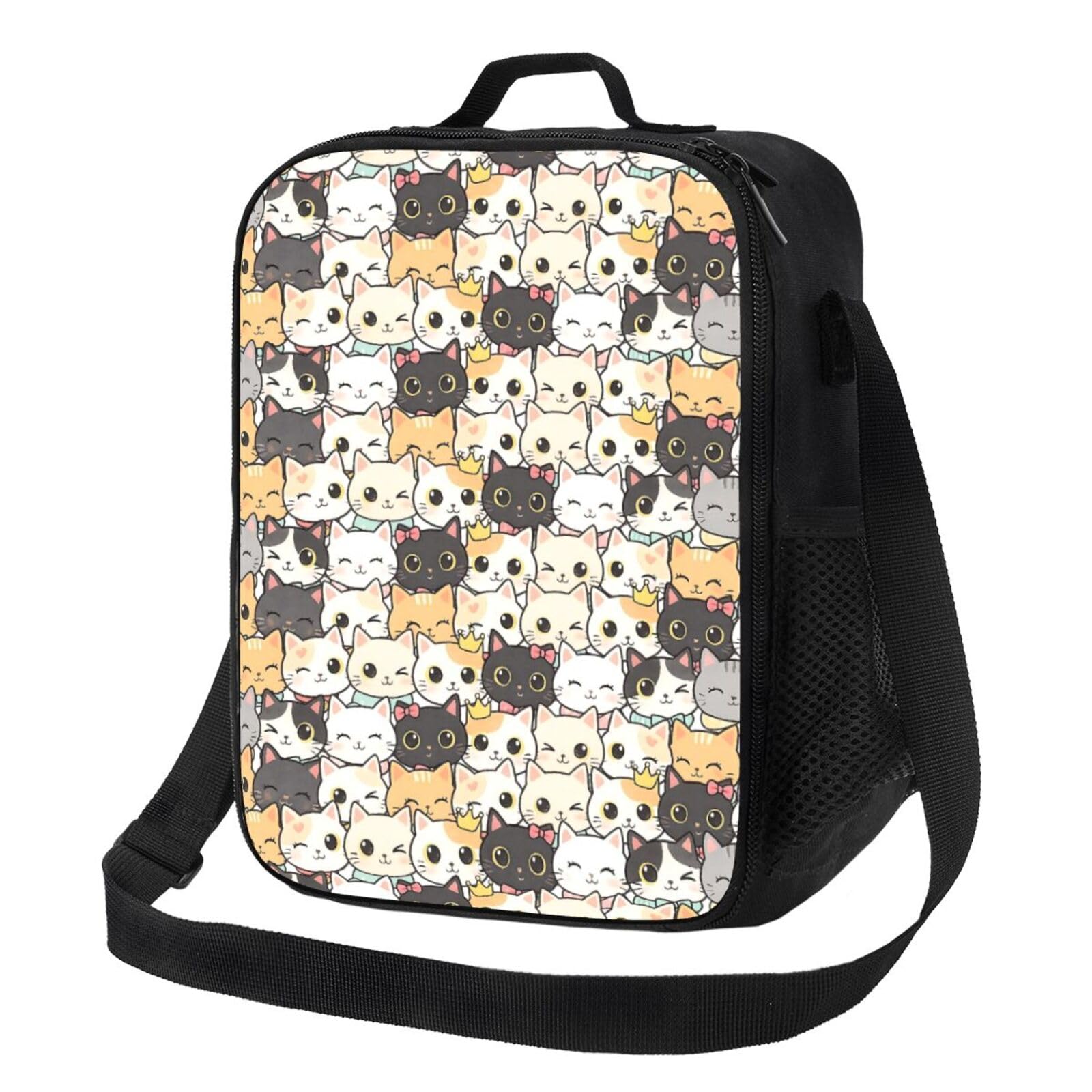 Gelasgo Cute Cat Insulated Lunch Bag Thermal Reusable Lunch Tote with Adjustable Strap,Leak-Proof Design for School,Office & Picnic