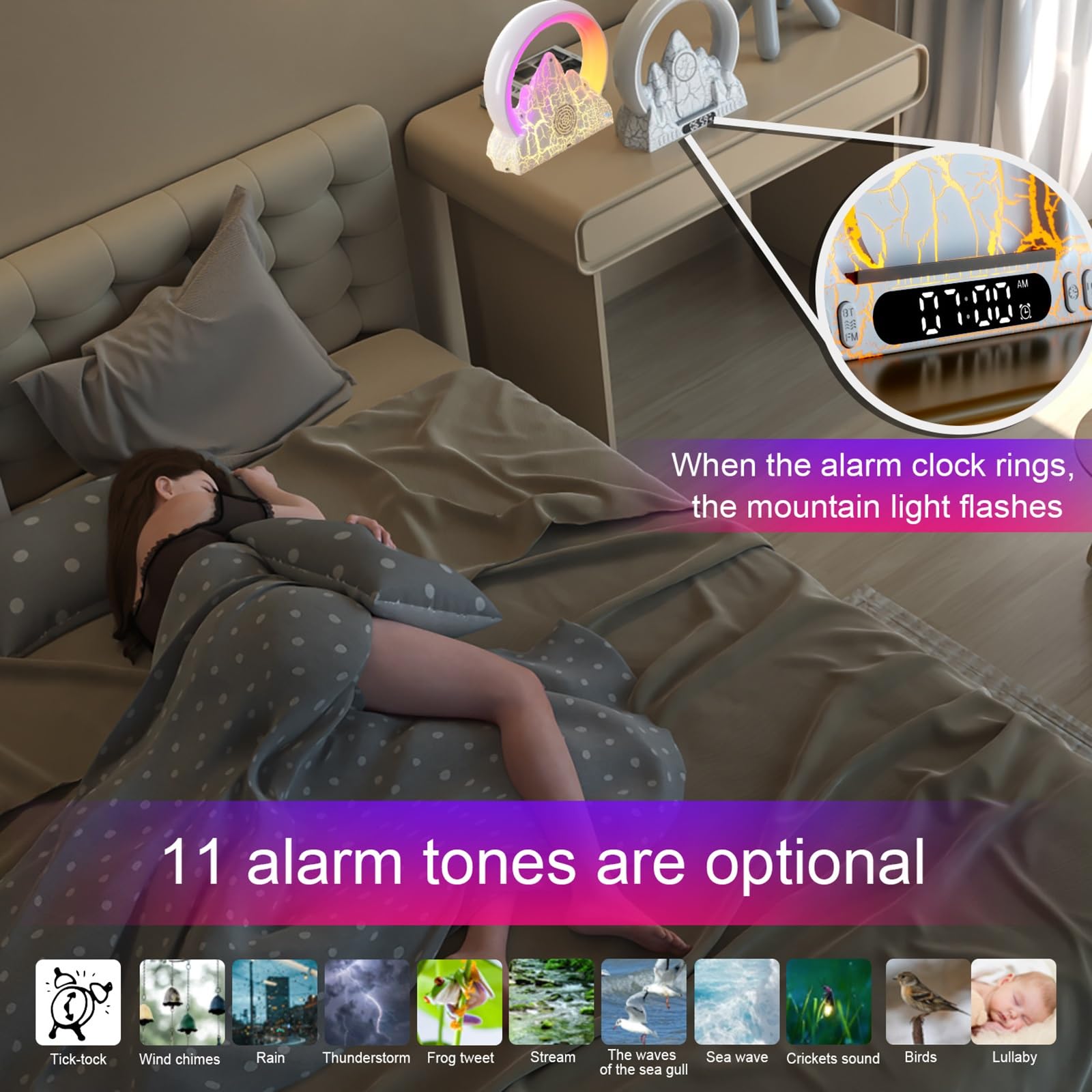 Réveil Lumineux Wake Up Light Sunrise avec Chargeur Sans Fil, Éclairage 16 Millions De Couleurs et Sons Naturels pour Décorer Votre Bureau Ou Votre Chambre à Coucher