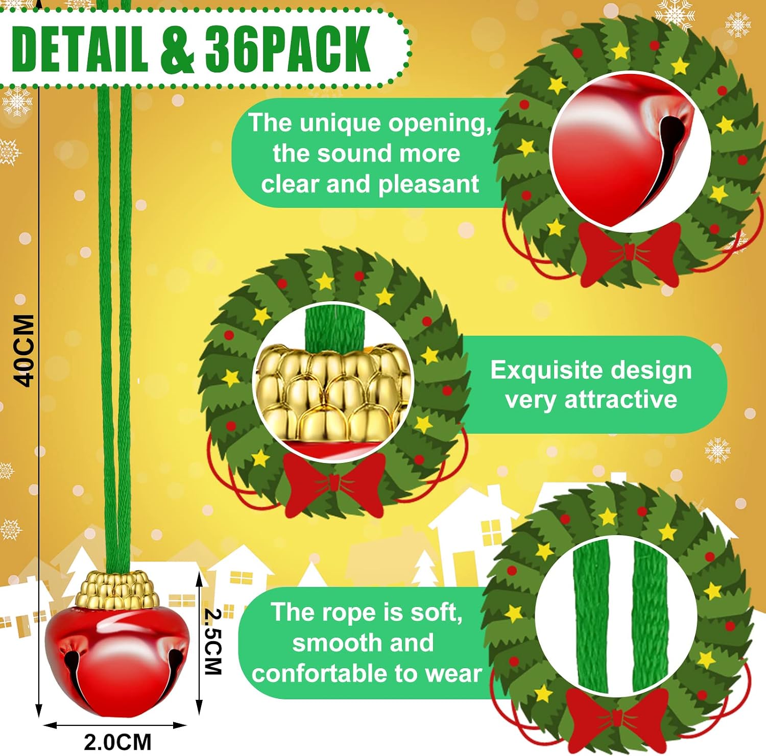 Gejoy 36 Pieces Christmas Bell Necklaces Christmas Holiday Necklaces with Ribbons for Holiday Party Accessories Stocking Stuffers