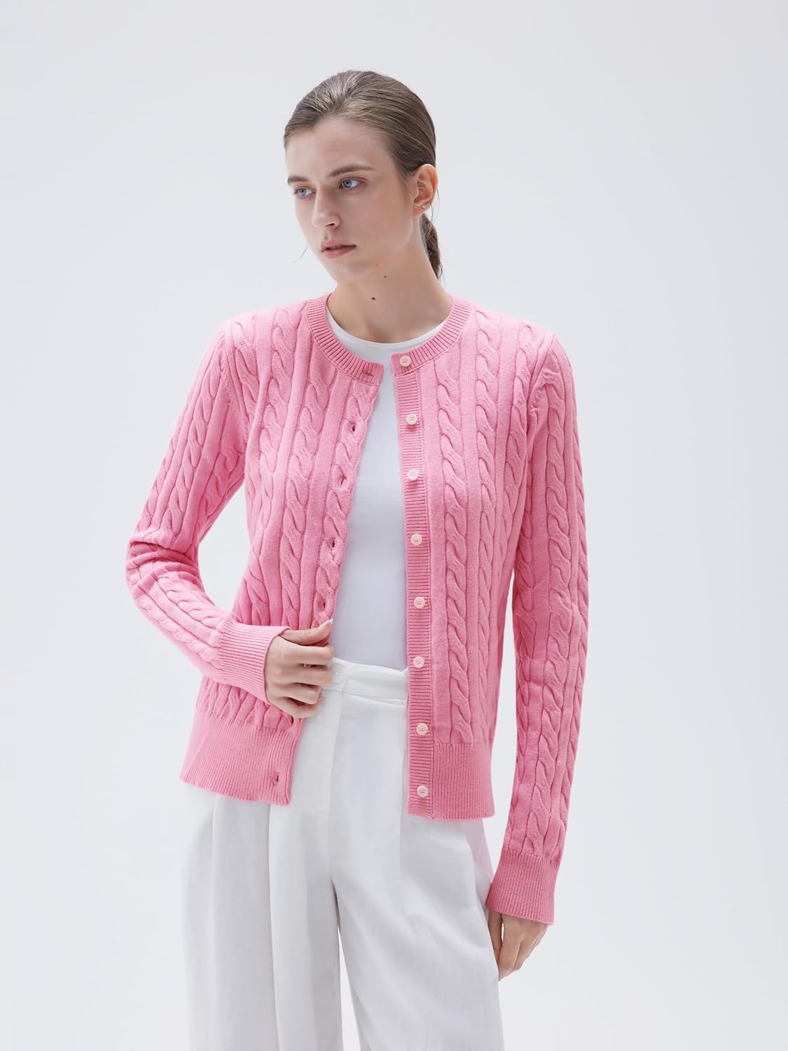 SUUKSESS Women Cable Knit Cashmere Blend Sweaters Crew Neck Button Up Chunky Cardigan Long Sleeve Fall Outfits - Image 5