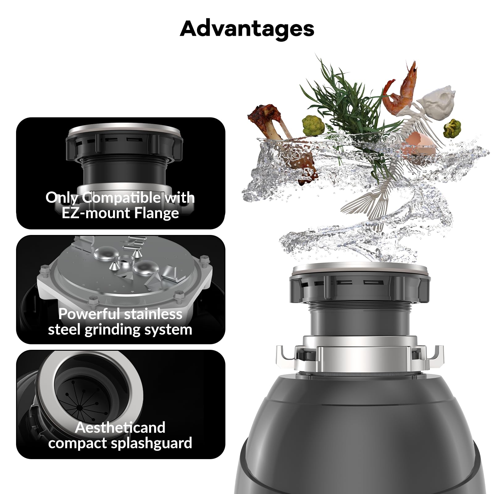 Triturador de basura de alimentación continua de 1/2 HP con interruptor de aire, motor ultra silencioso y sello de fregadero FLG, molinillo compacto de acero inoxidable para fregadero de cocina