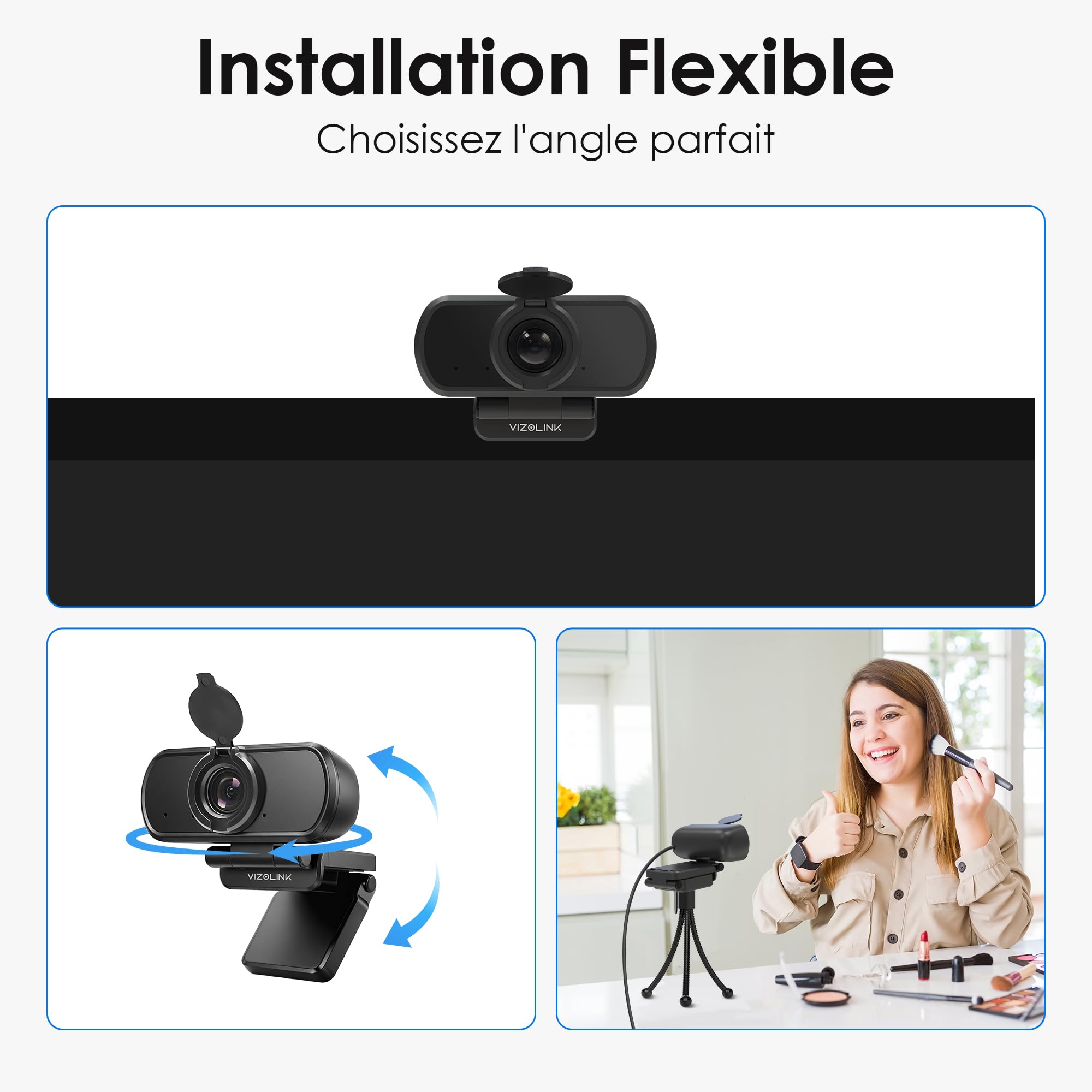 N21A Webcam Full HD 1080P 30FPS Webcam PC Grand Angle 100 °Mise au Point Fixe Deux Micro Correction Lumière Plug Play Windows MacOS Linux Youtube Streaming Skype Appel Vidéo Vidéoconférence