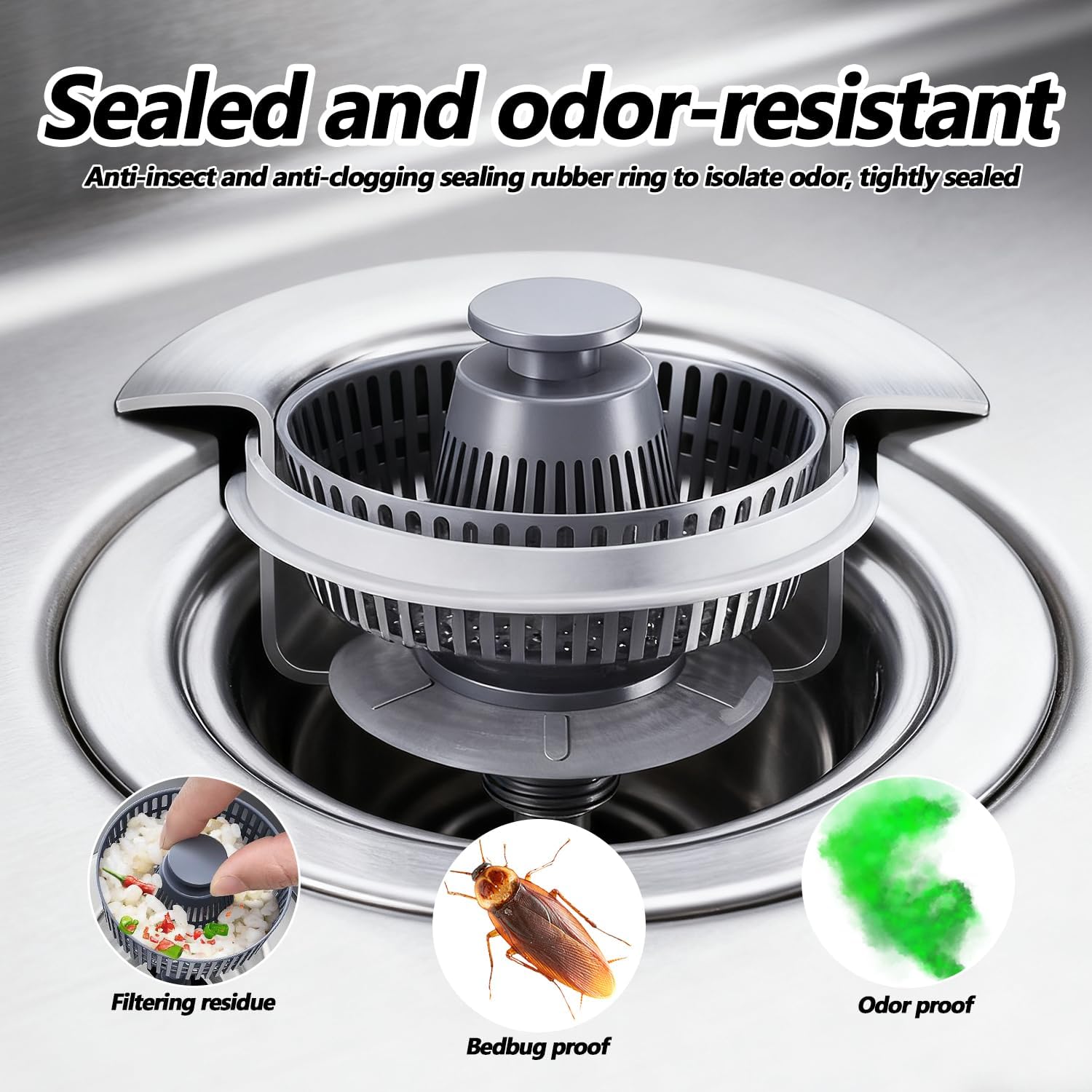 Kitchen Sink Strainer Drain Filter with Removable Basket, Fits Standard 3.5 Inch Drains, Easy to Clean and Prevent Clogs