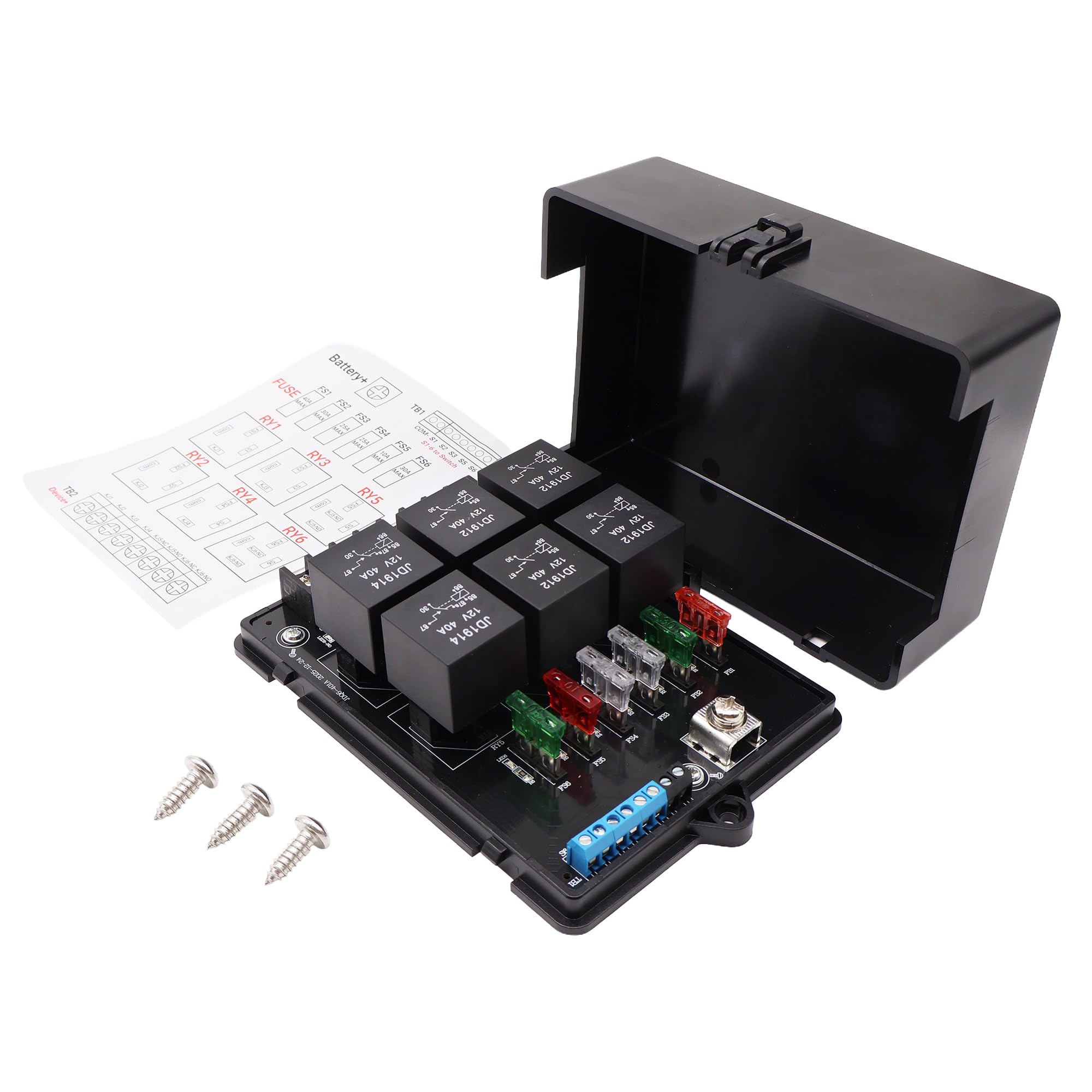 Caja de relé de fusibles, 12 V, compatible con coche, camión y barcos, con tornillo de montaje y relé de 6 vías y fusibles planos de 14 ATC/ATO, resistente al agua, uso universal