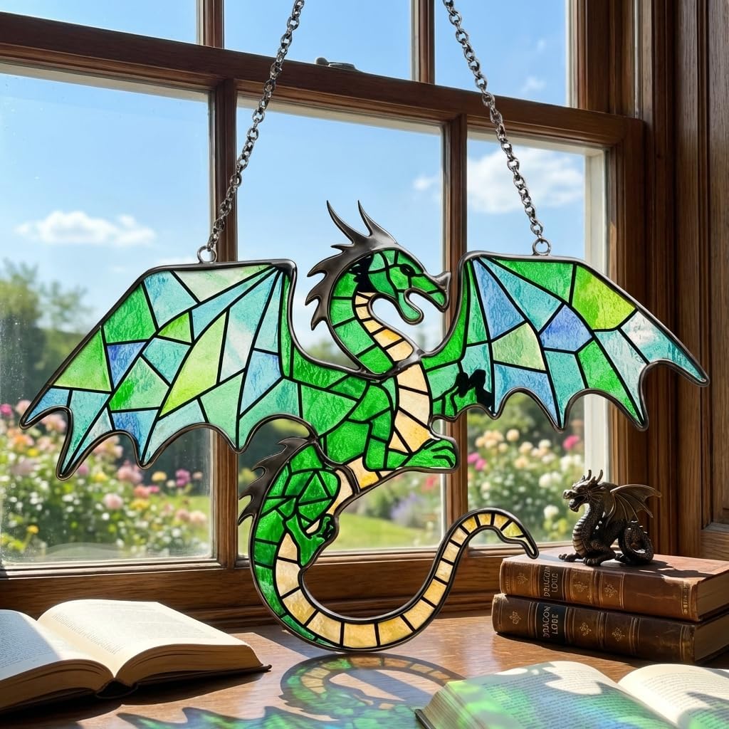 Dragon Stained Glass Suncatcher for Window Hanging Dragon Theme Ornaments for Bookshelf Decor Mythology Handmade Glass Art Medieval Gifts for Women Men