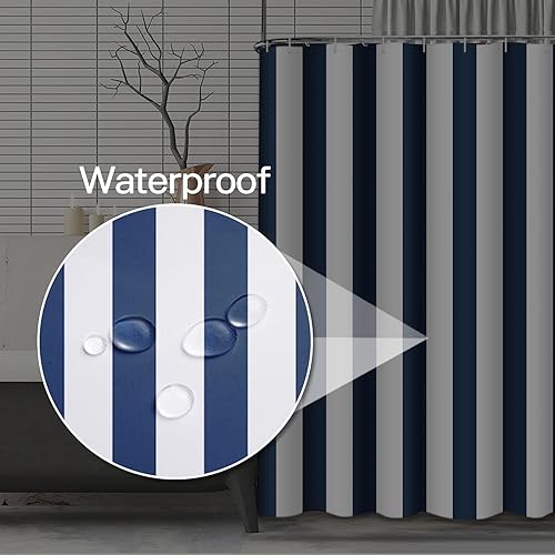 Miniatura 3 de Emvency Cortina de ducha azul marino y blanco para baño, cortina de baño a rayas, impermeable, tela de poliéster, decoración de baño de moda, 72 x