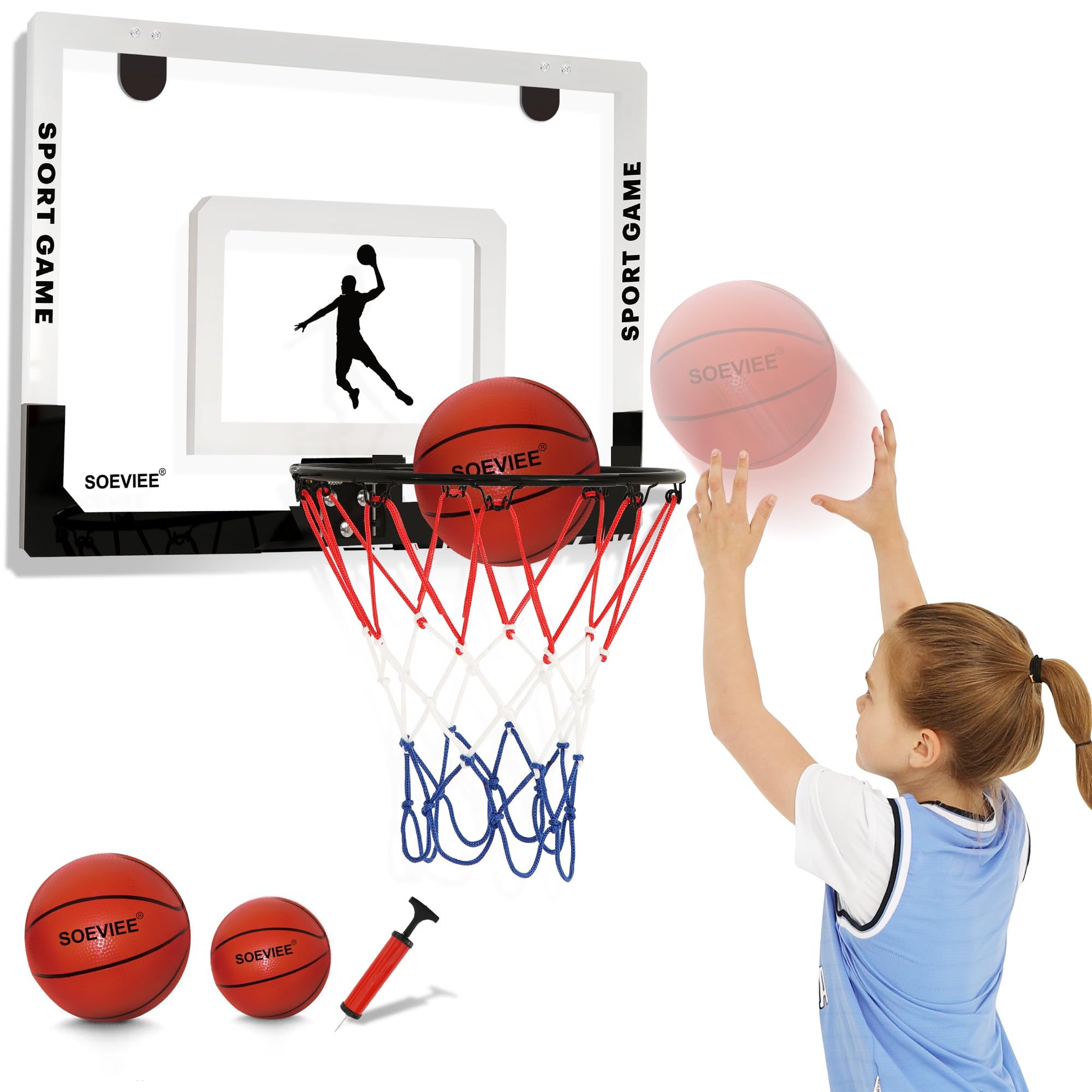 SOEVIEE Large Basketball Hoop Indoor for Kids & Adults - 23x16 Inch Board with Over Door/Wall Mount | Includes 3 Balls & 2 Nets | All-Ages for