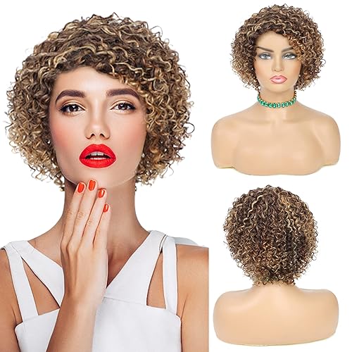 Miniatura 2 de Pelucas de cabello humano corto y rizado para mujeres negras, 10 pulgadas, peluca de cabello humano brasileño rizado, parte lateral profunda, corte