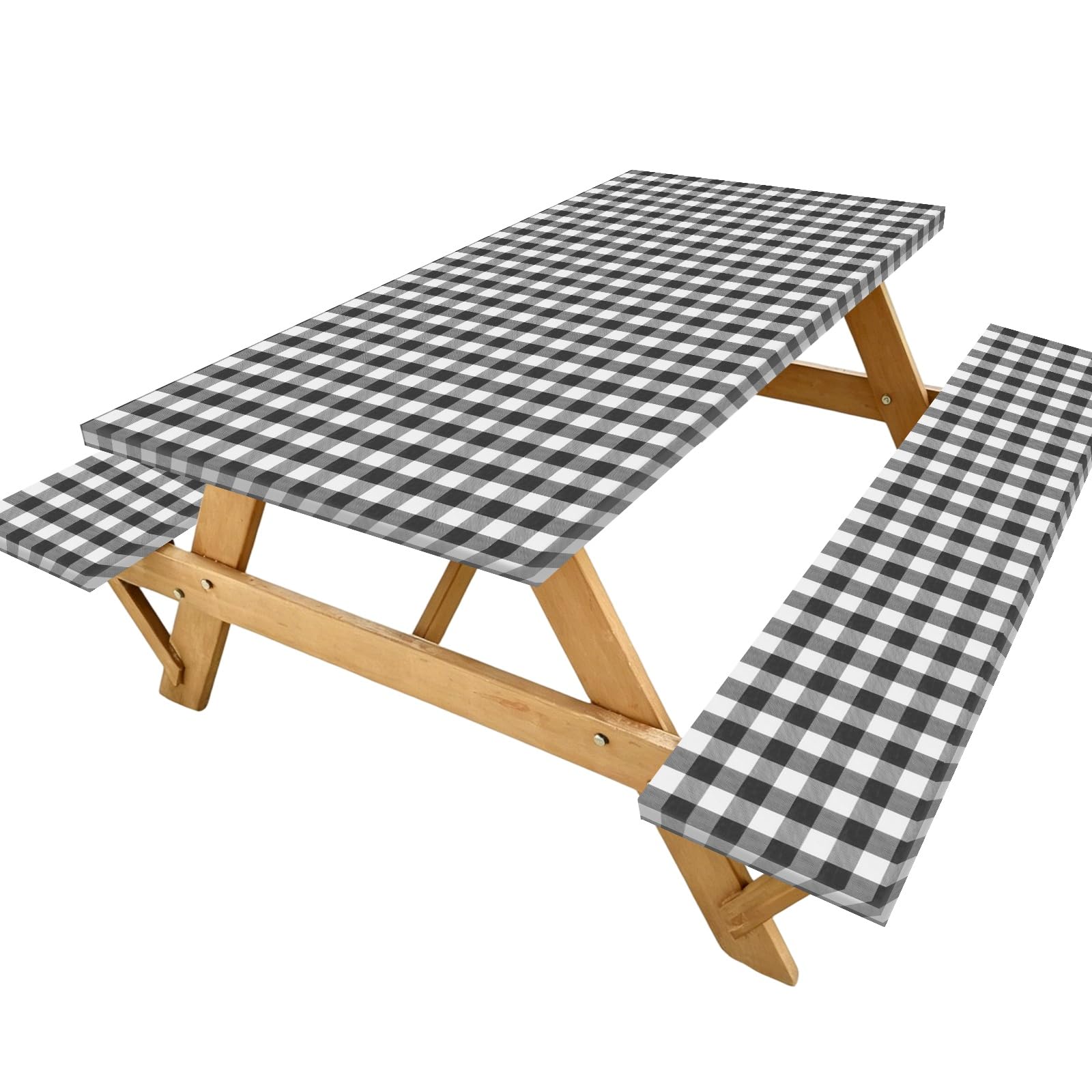 M METERXITY 1 Set Picnic Table Cover with Bench Covers, Flannel Back Waterproof 72x30 Inch Rectangular Elastic Fitted Tablecloth for Camping/Outdoor/Patio/Garden/Party [Checked Black White]