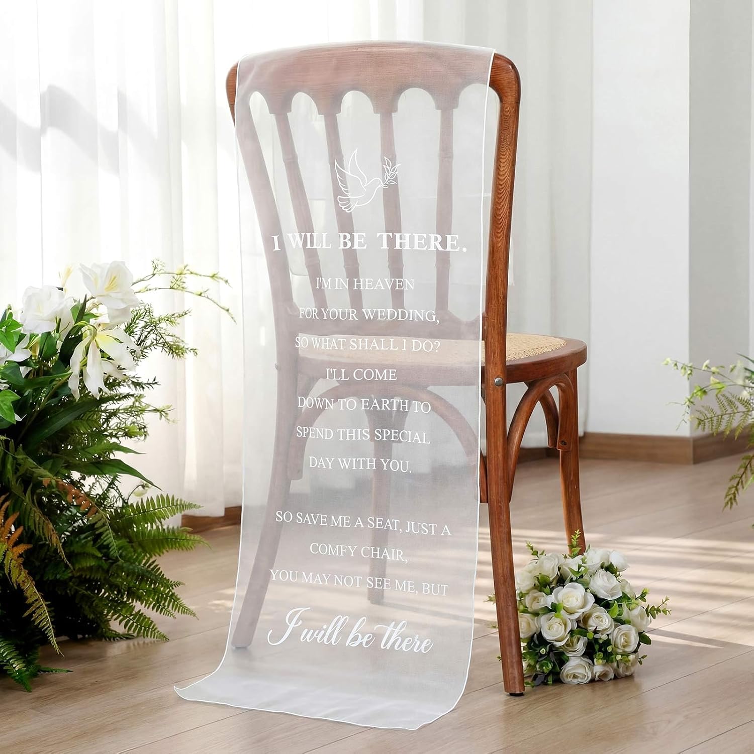 HunnmingRe Reserved Wedding Chair Sign Banner Loving Memory Signs for Wedding with Love from Heaven Cotton Linen 15'' x 50'' Save a Seat for Someone in Heaven (White, Organza, Be There)