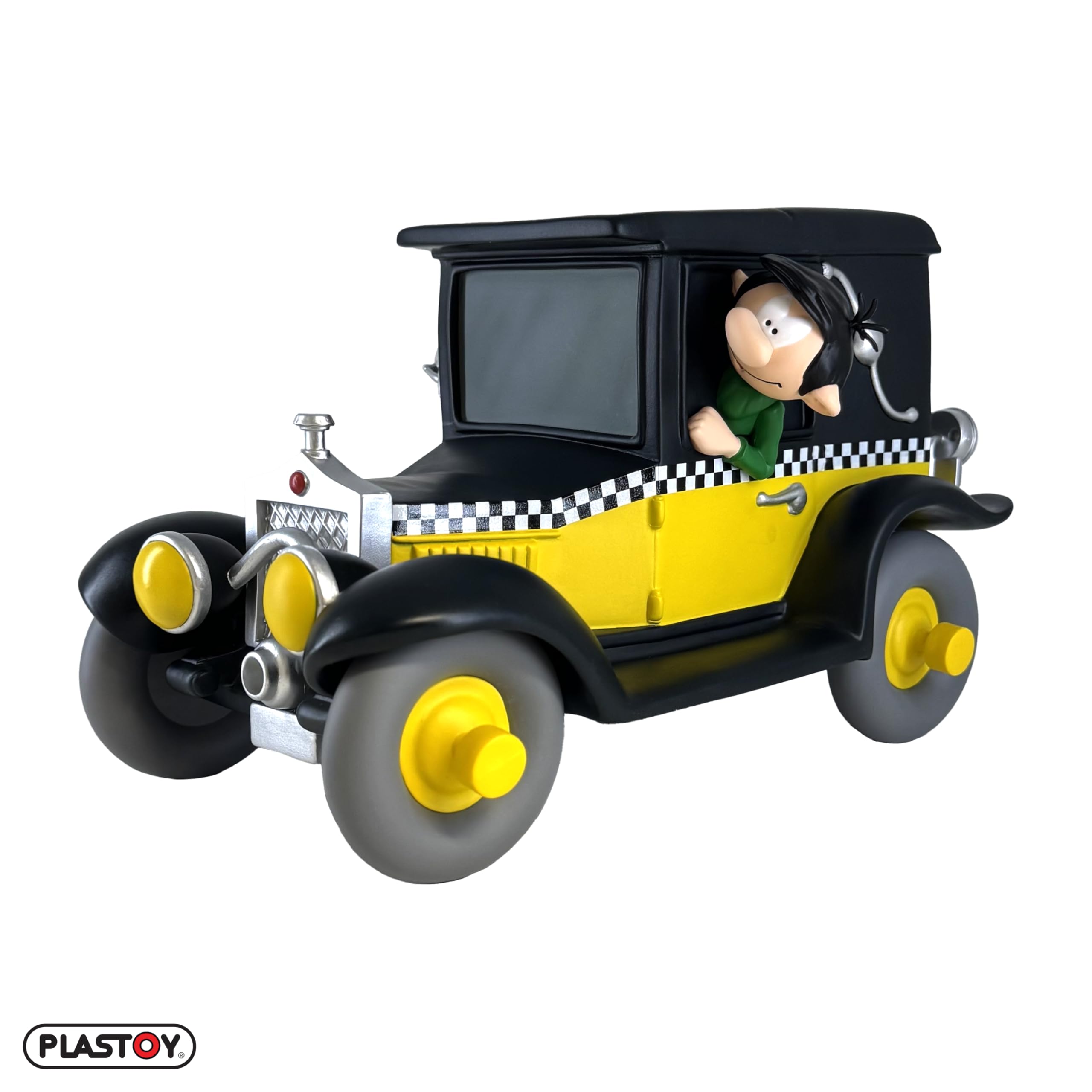 Hucha Gaston Lagaffe con su taxi Fiat 509 de Plastoy en plástico de 15 cm