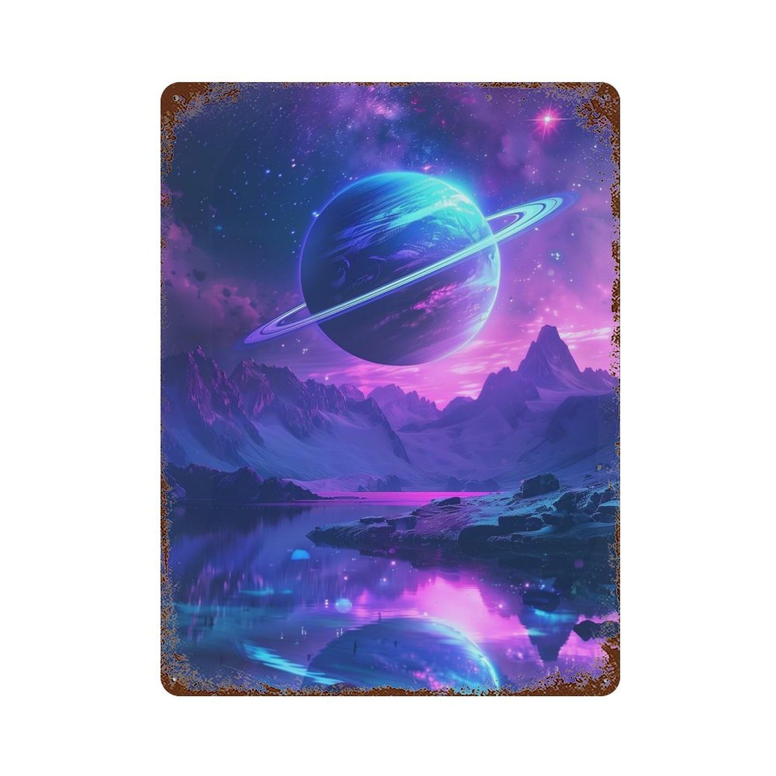 Weathered Tin Sign with Interstellar Dreamscape Design 15.7"x11.8", for Office, Studio And Wall Decor, Retro Wall Decor