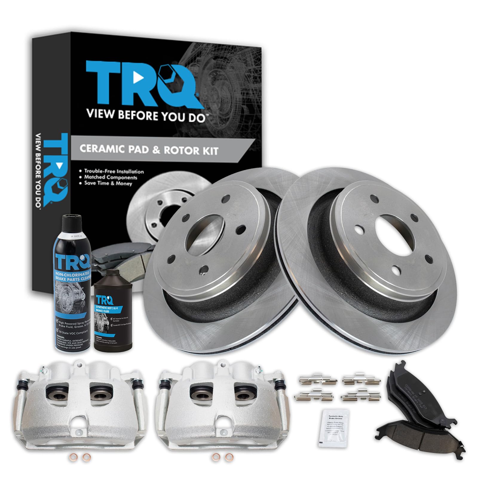 TRQ Rear Brake Pad, Caliper, &amp; Rotor Kit, with Chemical Kit Ceramic Compatible with 2012 Ram 1500