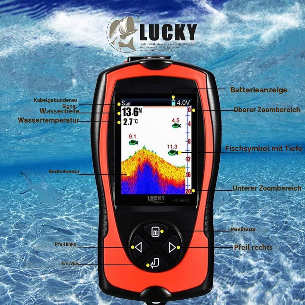 LUCKY Tragbarer Fischfinder Wandler Sonarsensor Wasser Tiefenmesser LCD Bildschirm Echolot Fischfinder zum Eisfischen Meeresangeln