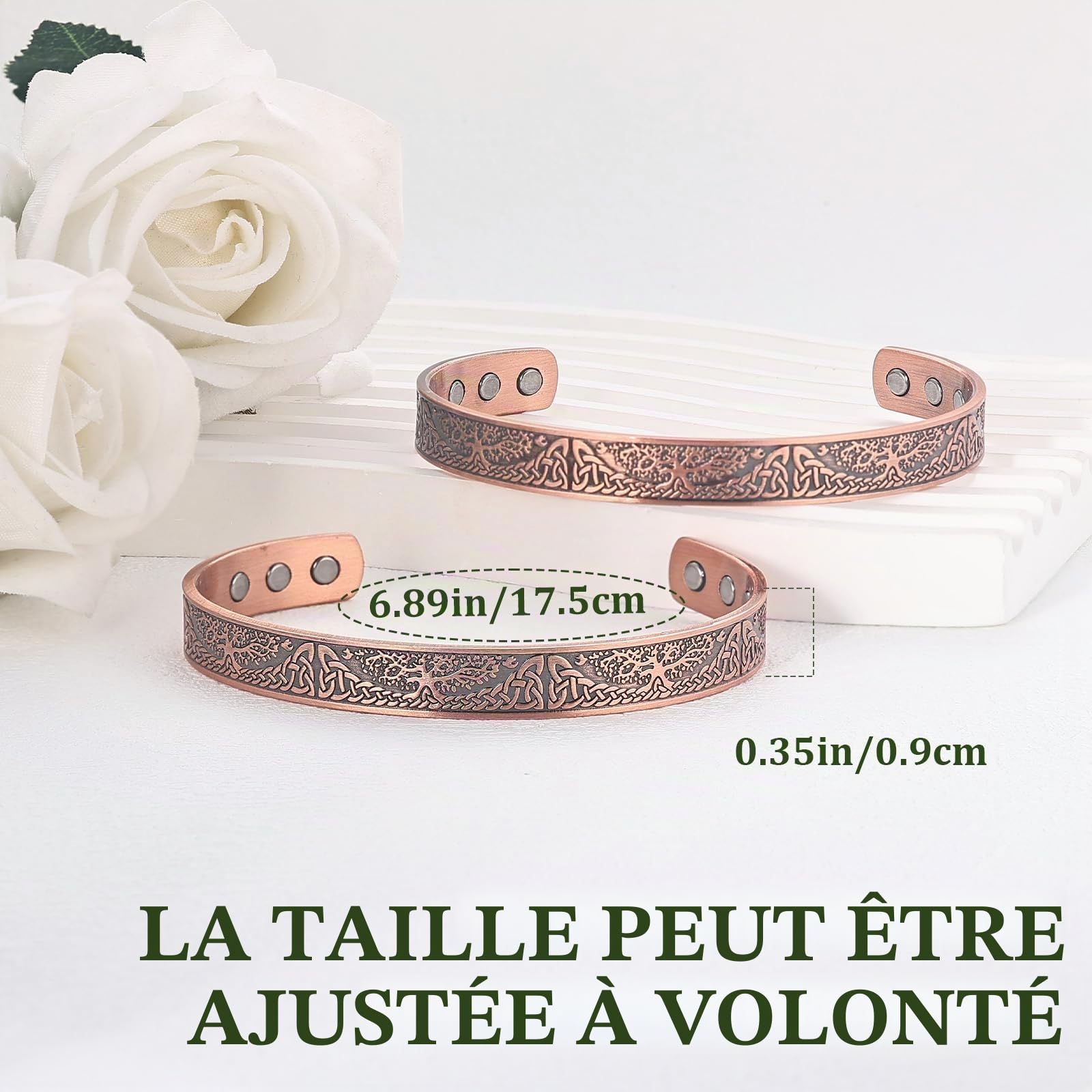 MagEnergy Bracelet en cuivre pour homme Vie d'arbre - Bracelet magnétique en cuivre à 99,9 % - Bracelet manchette réglable - Cadeau bijou