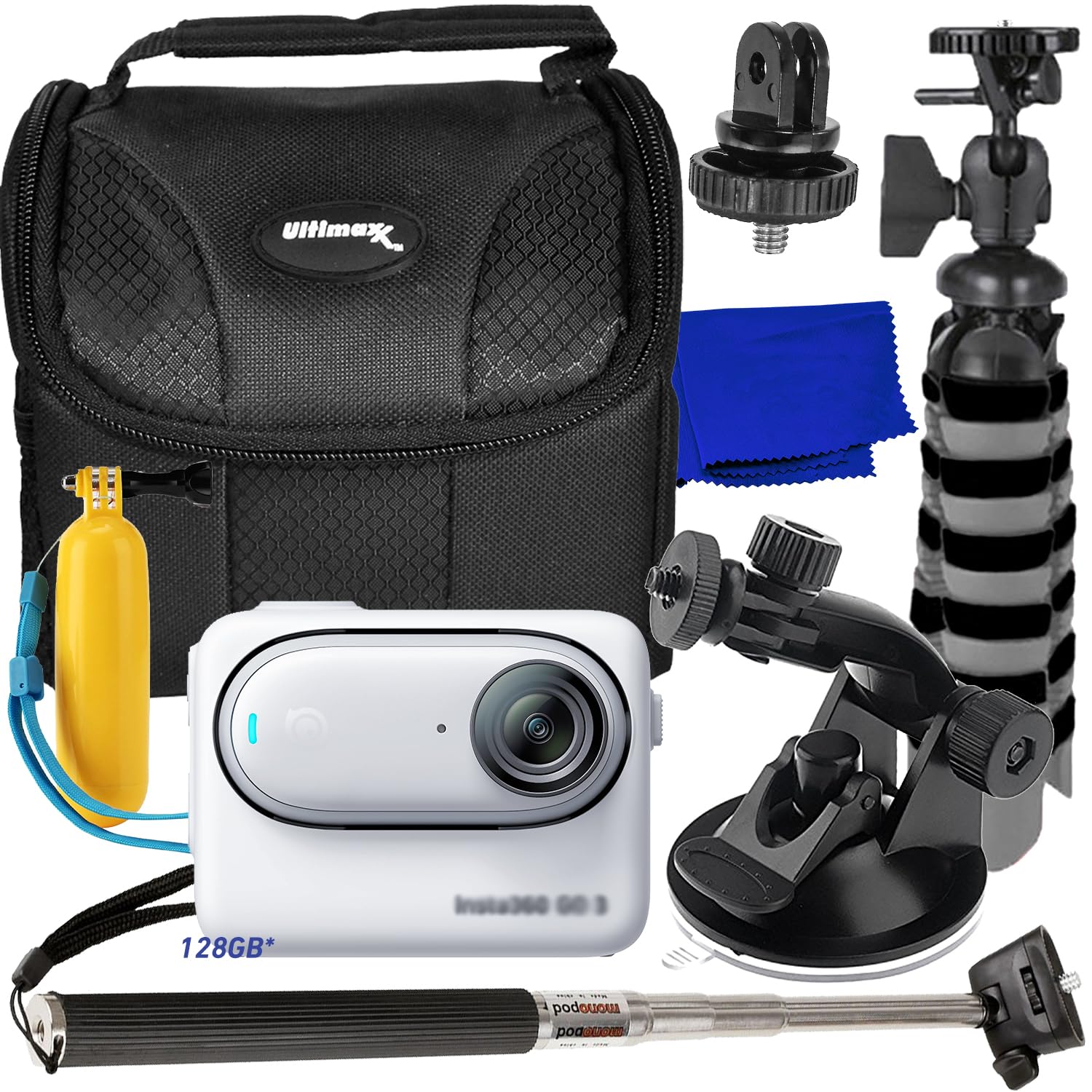 Insta360 GO 3 Ultimaxx Essential Action Camera Bundle (128GB) - Includes: 1/4” Screw Adapter for Action Cam Mounts, Selfie-Stick, Mini Suction Cup Mount, Mini “Gripster” Tripod & More (14pc Bundle)