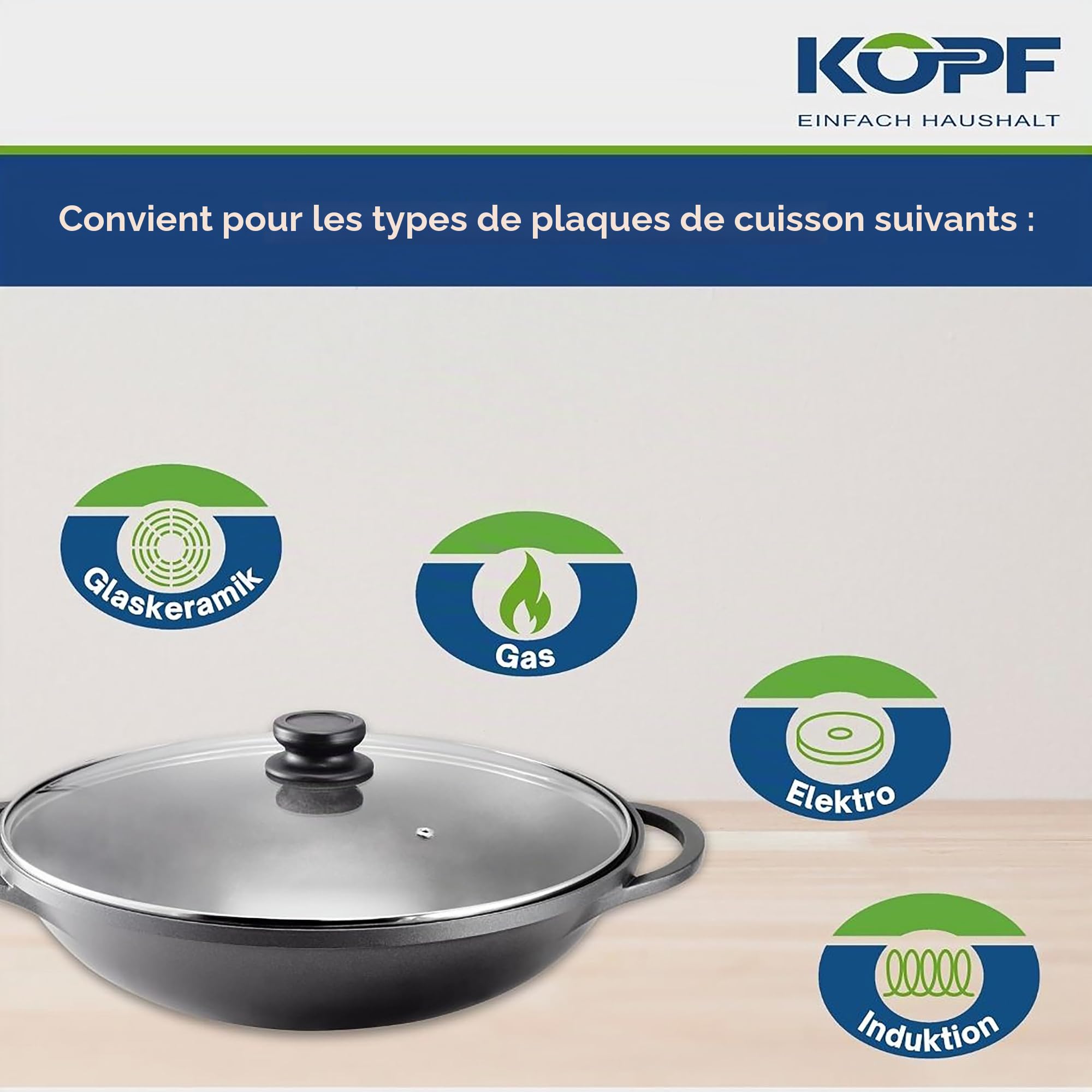 Kopf 124184 Wok Mai-Lu, fonte d’aluminium, Ø 36 cm, avec couvercle en verre et accessoires