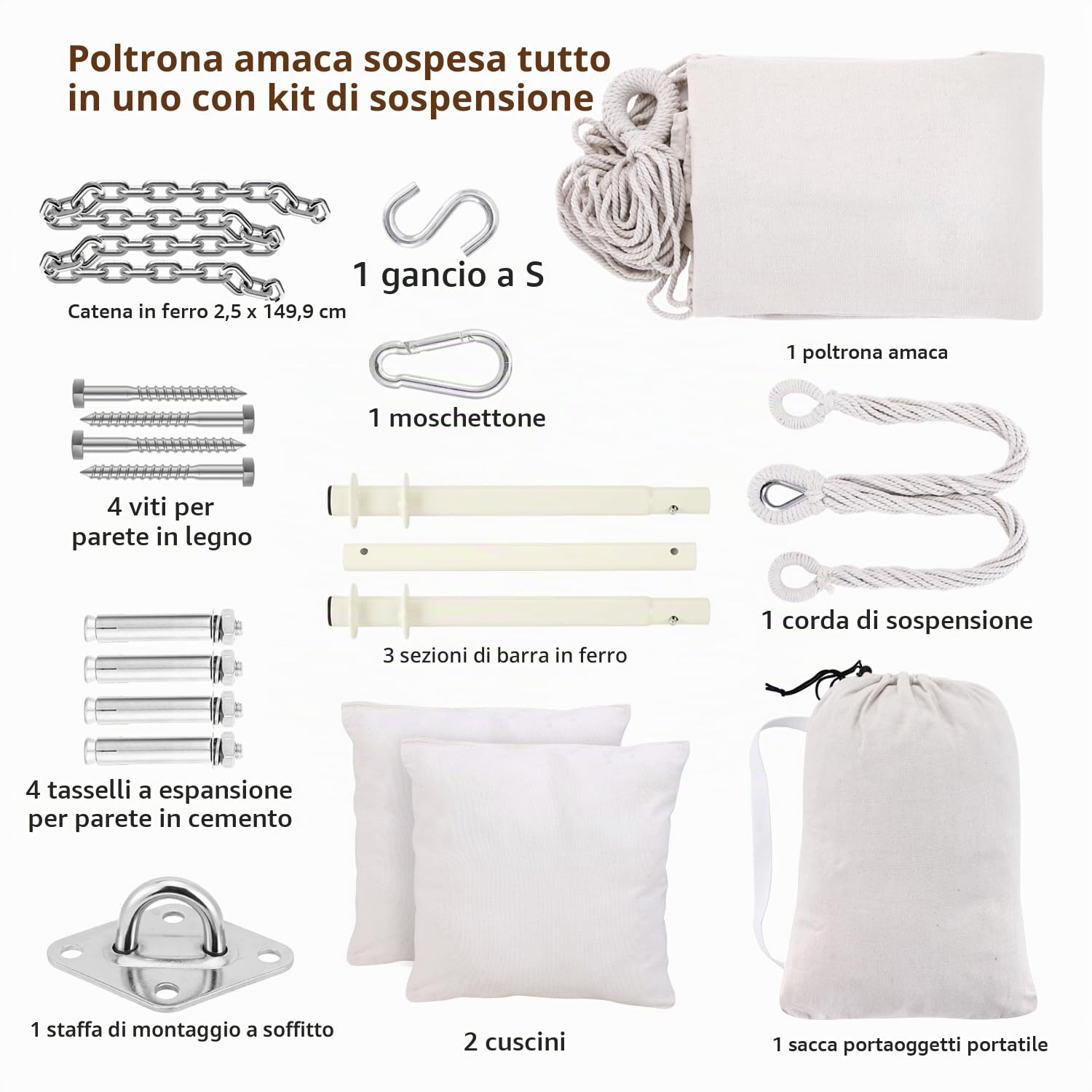 Ohuhu Sedie Sospese Sedia Amaca da Giardino con 2 Cuscini e Robuste Ganci kit, Sedia ad Altalena Sedia a Dondolo Sospesa Costruzione Robusta e Resistente per Balcone, Giardino, Portante 150kg (Beige)