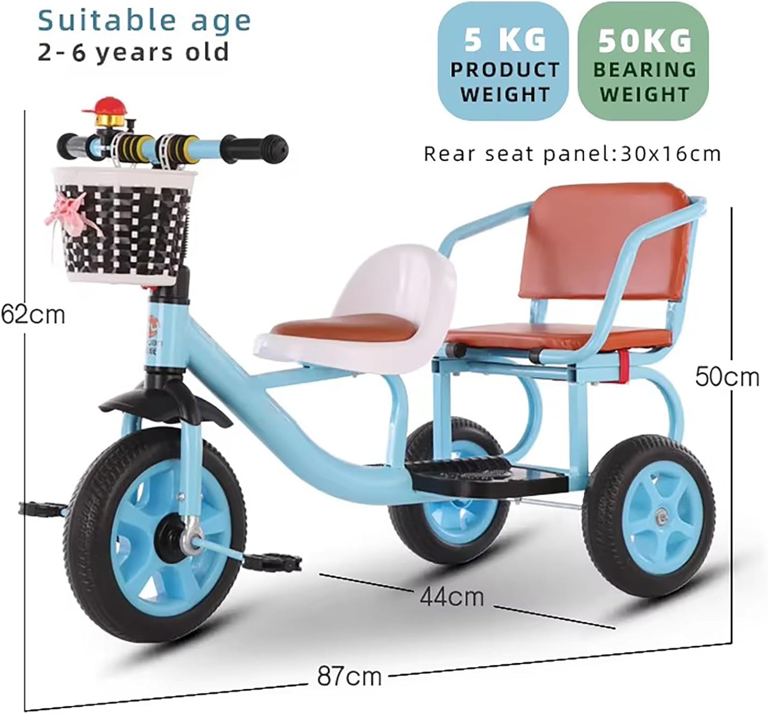 Children Pedal Trike with Seat/Soft and Comfortable Pedal Tricycle Can Take People Two-Seater Toddler Bike,Blue