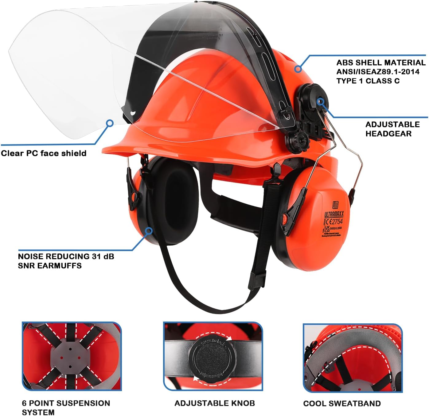 UM ULTRAMAXX 6-in-1 Chainsaw Helmet with Polycarbonate Clear Visor and Ear Muffs, Forestry Safety Hard Hat Kits, ANSI Z89.1 Approved Certified Arborist Helmet, Orange