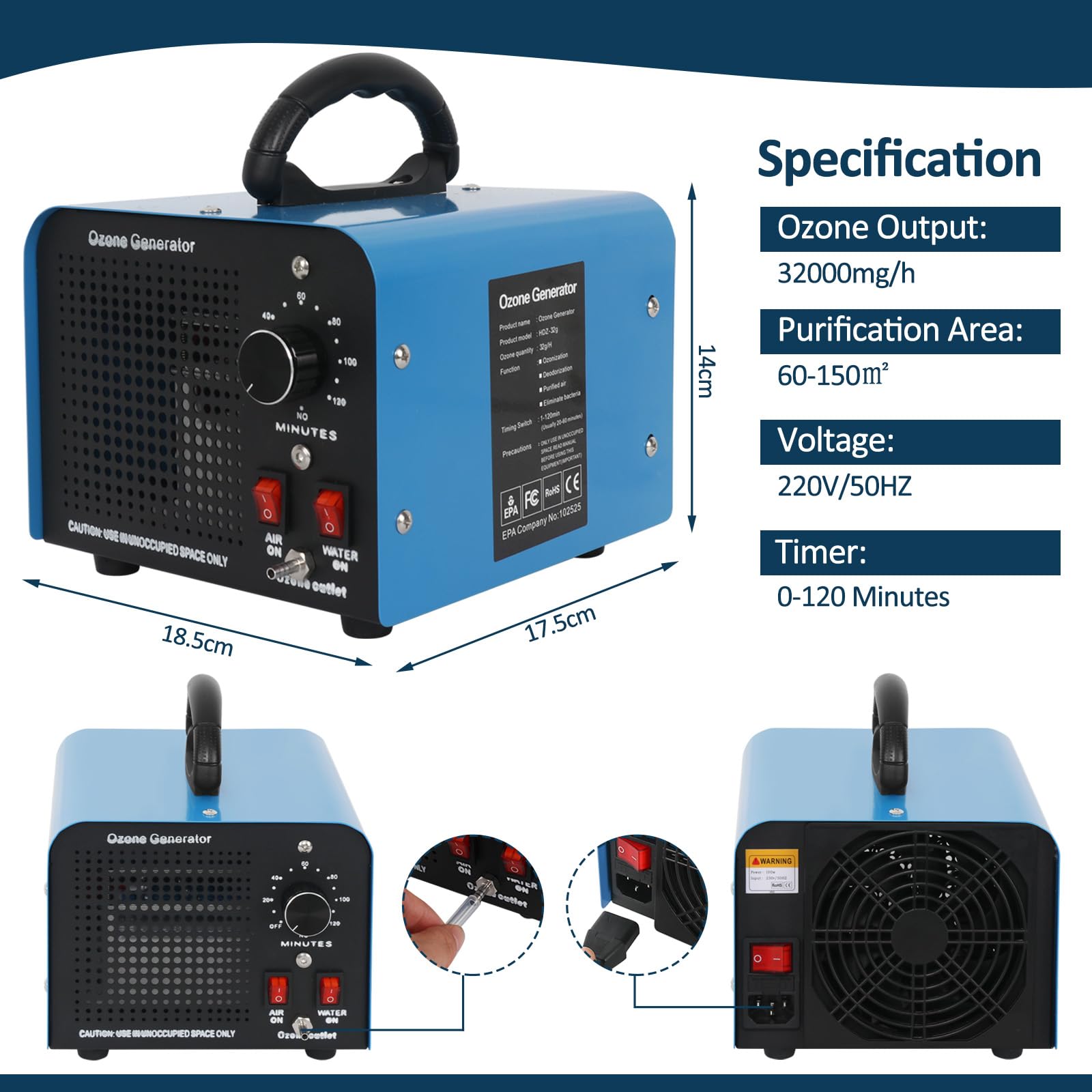 Générateur D'Ozone Umisu 32000 Mg/h - Purificateur D'Air Avec Minuterie - Neuf