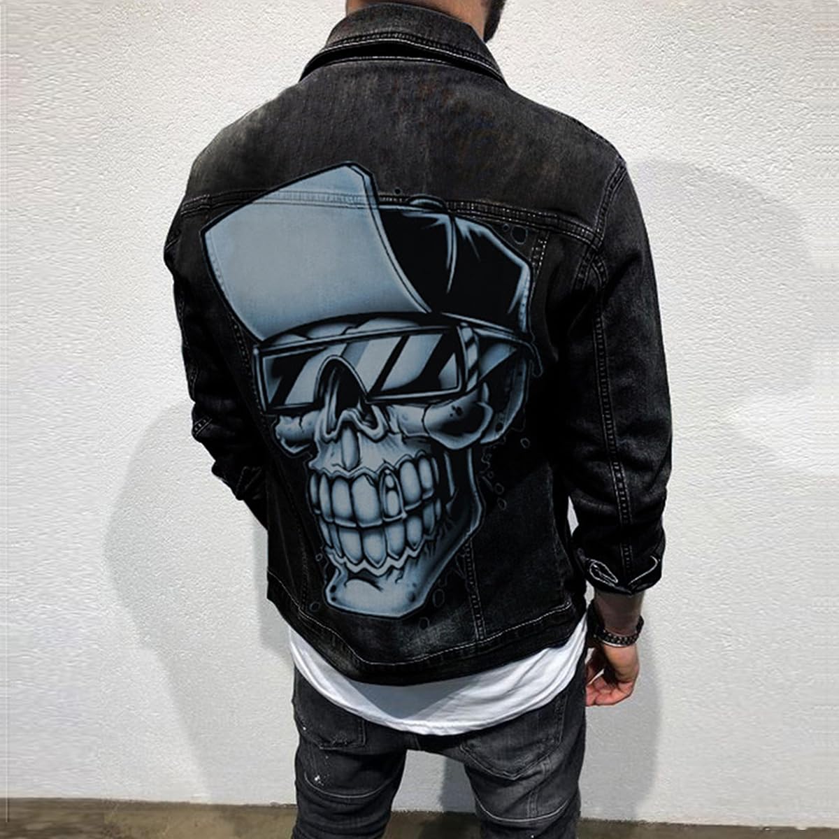 Giacca di Jeans da Uomo Oversize Stile Hip-Hop con Stampa Teschio Moda Primavera Giacca a Maniche Lunghe con Bottoni e Stampa Graffiti in Stile retrò Abbigliamento Workwear