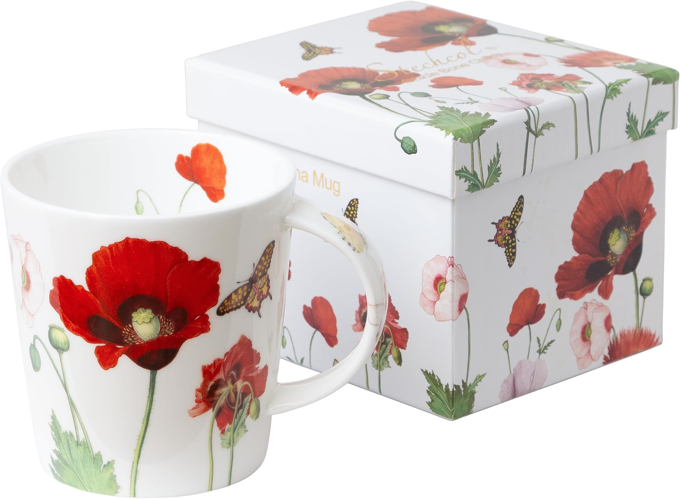 Grace Teaware Gift Boxed 16-Ounce Single Bone China Coffee Cup/Tea Mug (Poppy Butterfly)