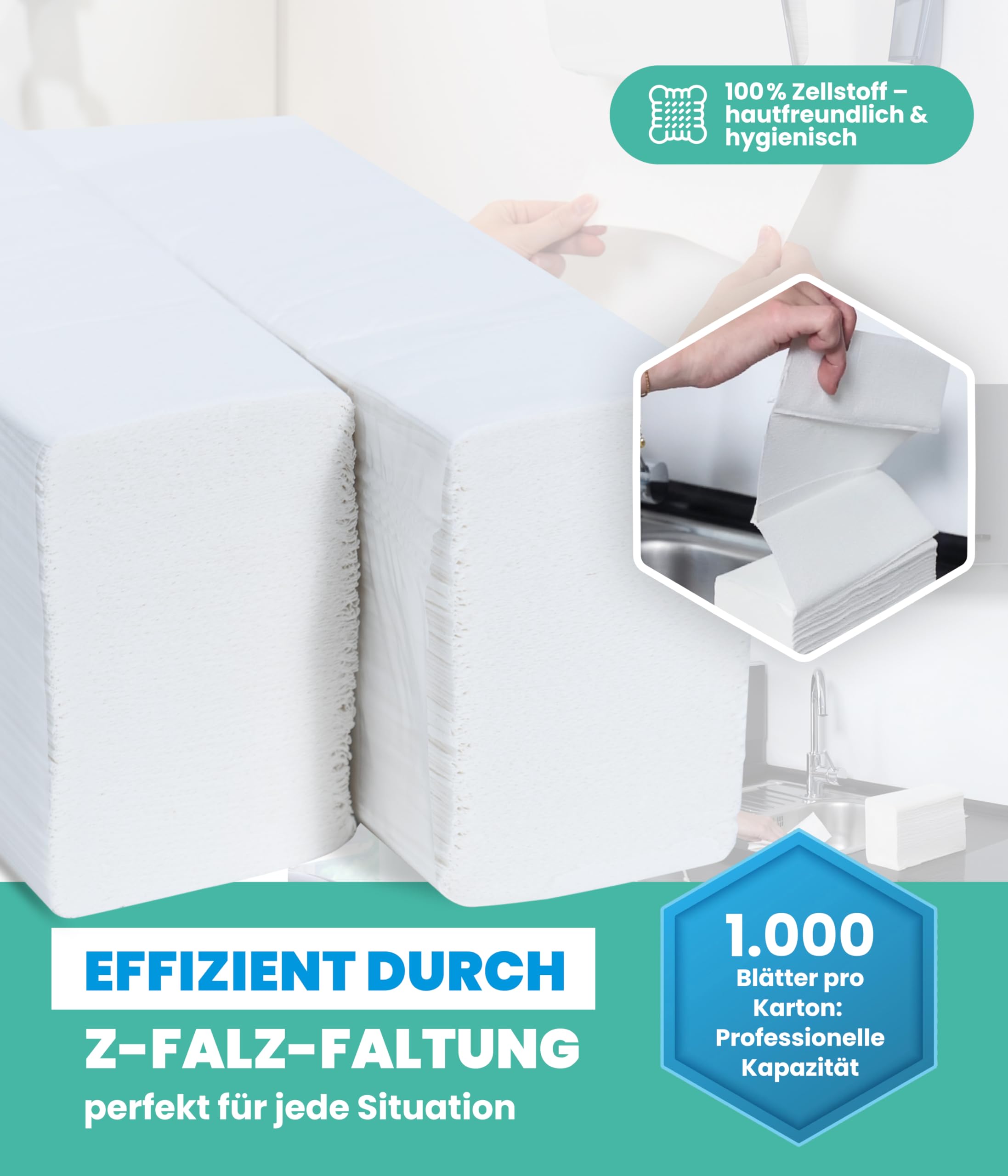 Hygiene Guru® Papierhandtücher – 1.000 Blatt [Z-Falz, 2-lagig, 20,5×24 cm, 8 cm tief] – Zellstoffqualität für Tork H2 Spender – ideal für Praxis, Büro, Küche & mehr