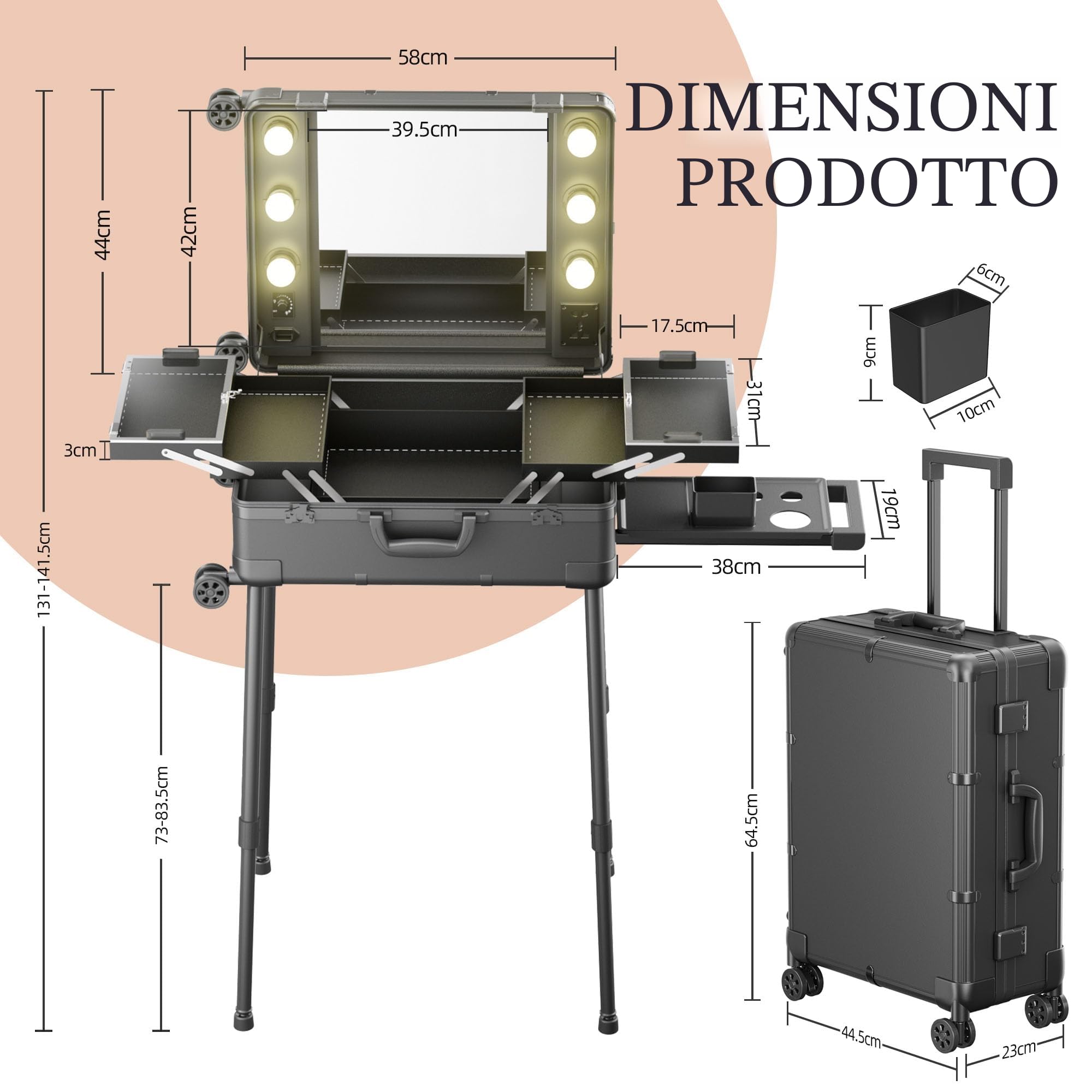 Valigia per il Trucco Su Ruote in Alluminio, Grande Specchio con 6 Lampade, Organizzazione Cosmetica con Chiusura a Codice, Valigia per il Trucco Pieghevole per Viaggi E Studi Professionali, Nera