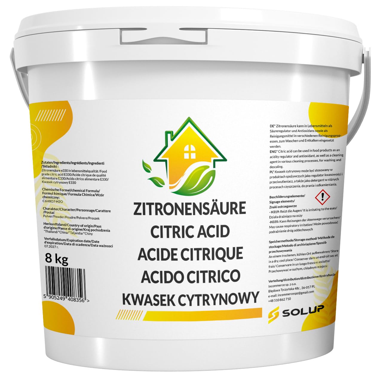 Zitronensäure Pulver 8 kg Lebensmittelqualität Entkalker Vorrat | Für Haushalt und zum Reinigen | Eimer mit Deckel und Tragegriff