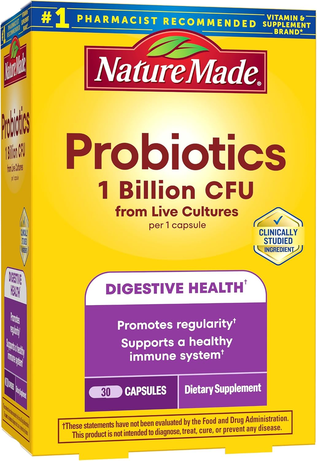 Nature Made Probiotic Capsules 1 Billion CFU from Live Cultures, Probiotics for Women and Men for Immune & Digestive Support, 30 Capsules, 30 Day Supply