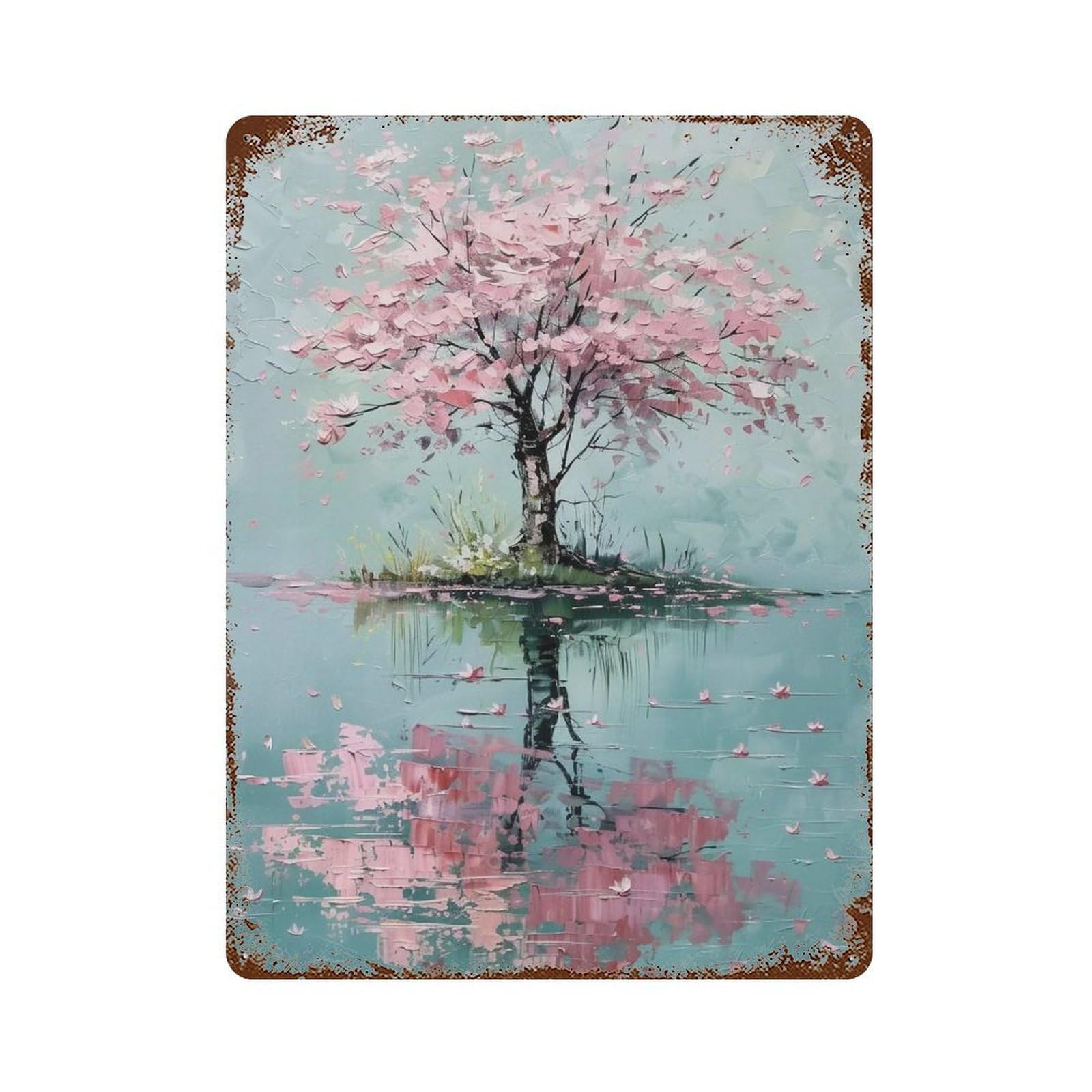 HDURYEYRYY Impasto Sakura Island Mirror Lake 04 Wall Retro Iron Vintage Art Metal Tin Sign Poster Modern Home Cofffee Club Art Bar Shop Decor Style 40x30cm