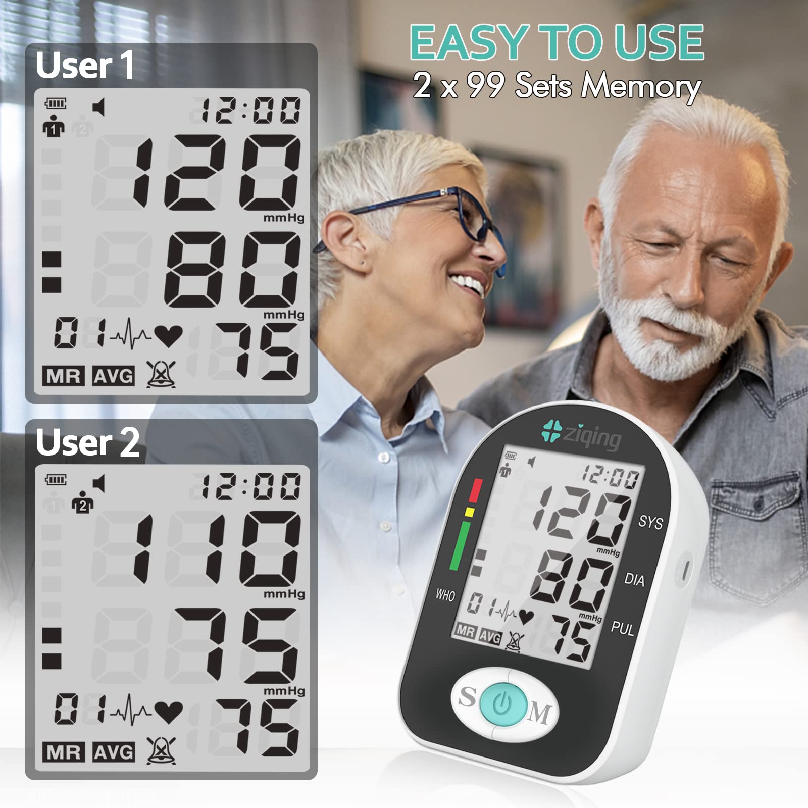Blood Pressure Monitor Upper Arm ZIQING Automatic Digital High Blood Pressure Machine Kit for Home Use with BP Monitor Cuff(9"-17.3"Adjustable)- 2 x 99 Sets Memory Includes Charging Cord