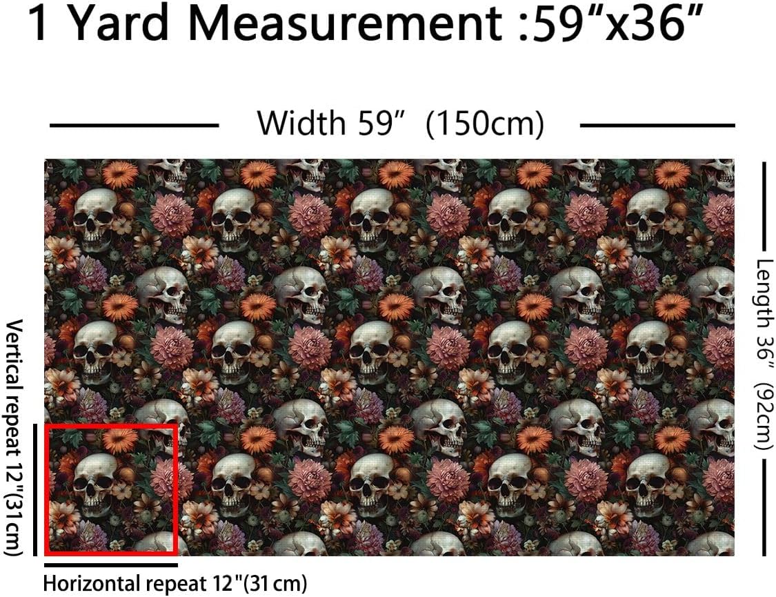Vintage Daisy Fabric by The Yard Human Skull Gothic Style No Stretch Fabrics for Sewing Blooming Peony Wild Flowers Soft Flannel Polyester Fabric for Quilting Handmade Artwork 3 Yard Bolt,108"x59"