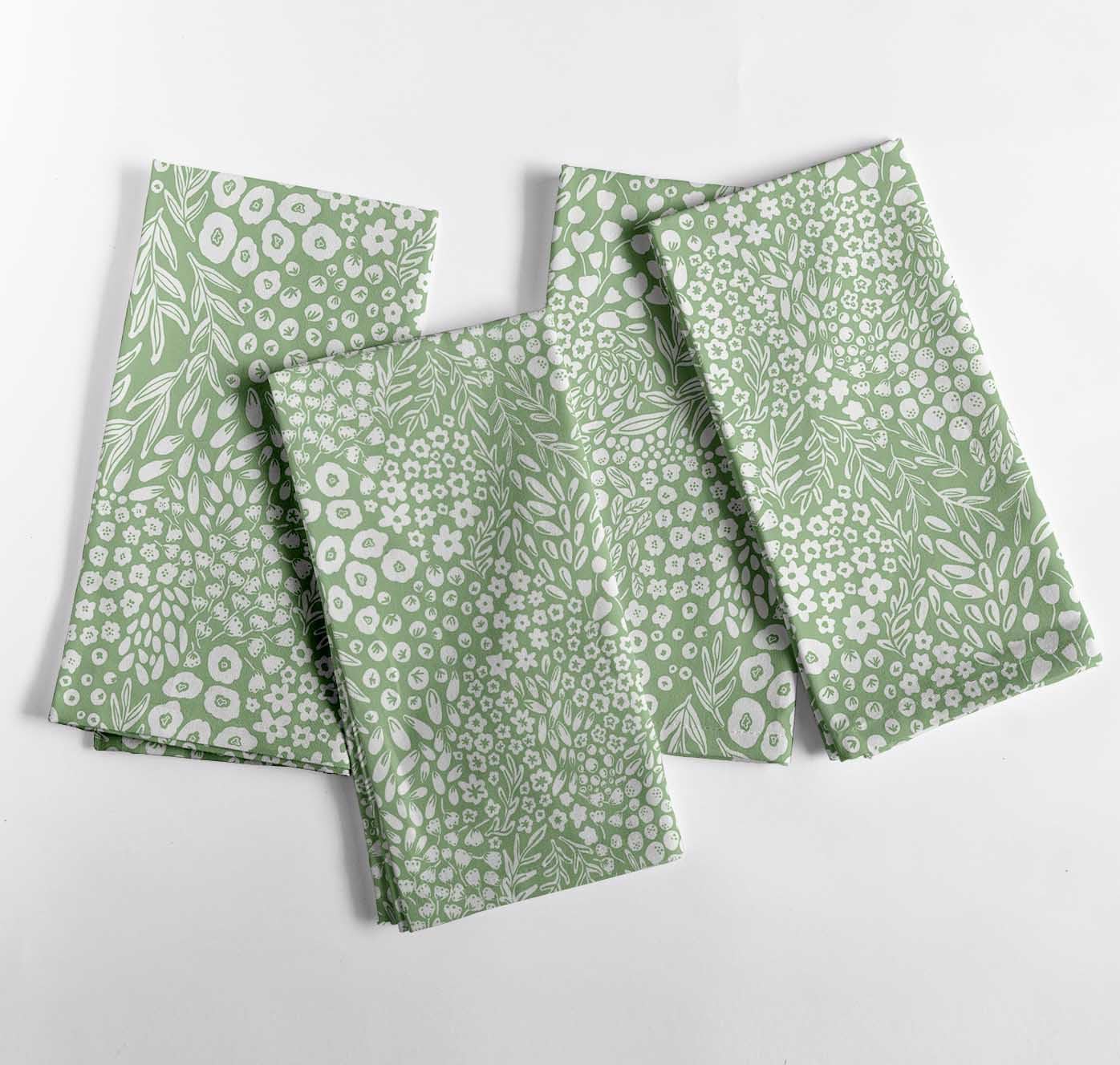 Mini Meadow Floral Print Cotton Canvas Napkins - Set of 12, 20x20 Inches, Soft Green Accents, Perfect for Spring and Summer Tables, Teas, and Party Gatherings - Machine Washable