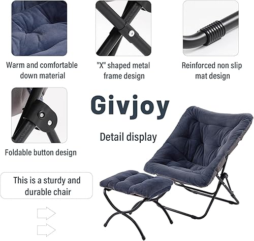 Miniatura 4 de Cómoda silla plegable con otomana, silla plegable de piel sintética de gran tamaño, silla suave y peluda con marco de metal, silla de luna para