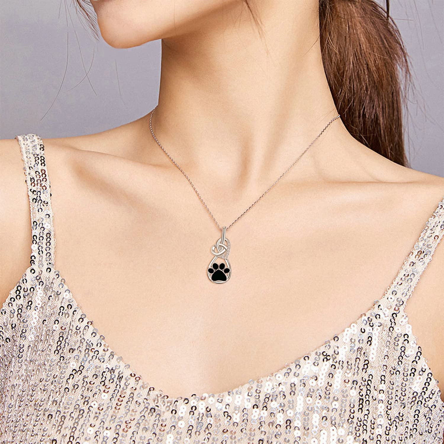 KINGWHYTE Collar de plata de ley con diseño de huella de perro, colgante de corazón, colgante de luna, nudo celta, regalo de joyería para mujeres, niñas, hija, madre, Plata esterlina