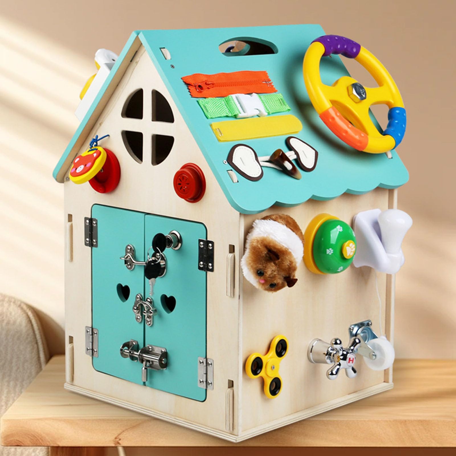 Casa ocupada de Madera Montessori, Cubo de Actividades de Habilidades para la Vida, Juguete sensorial y de motricidad Fina para niños pequeños,Blue